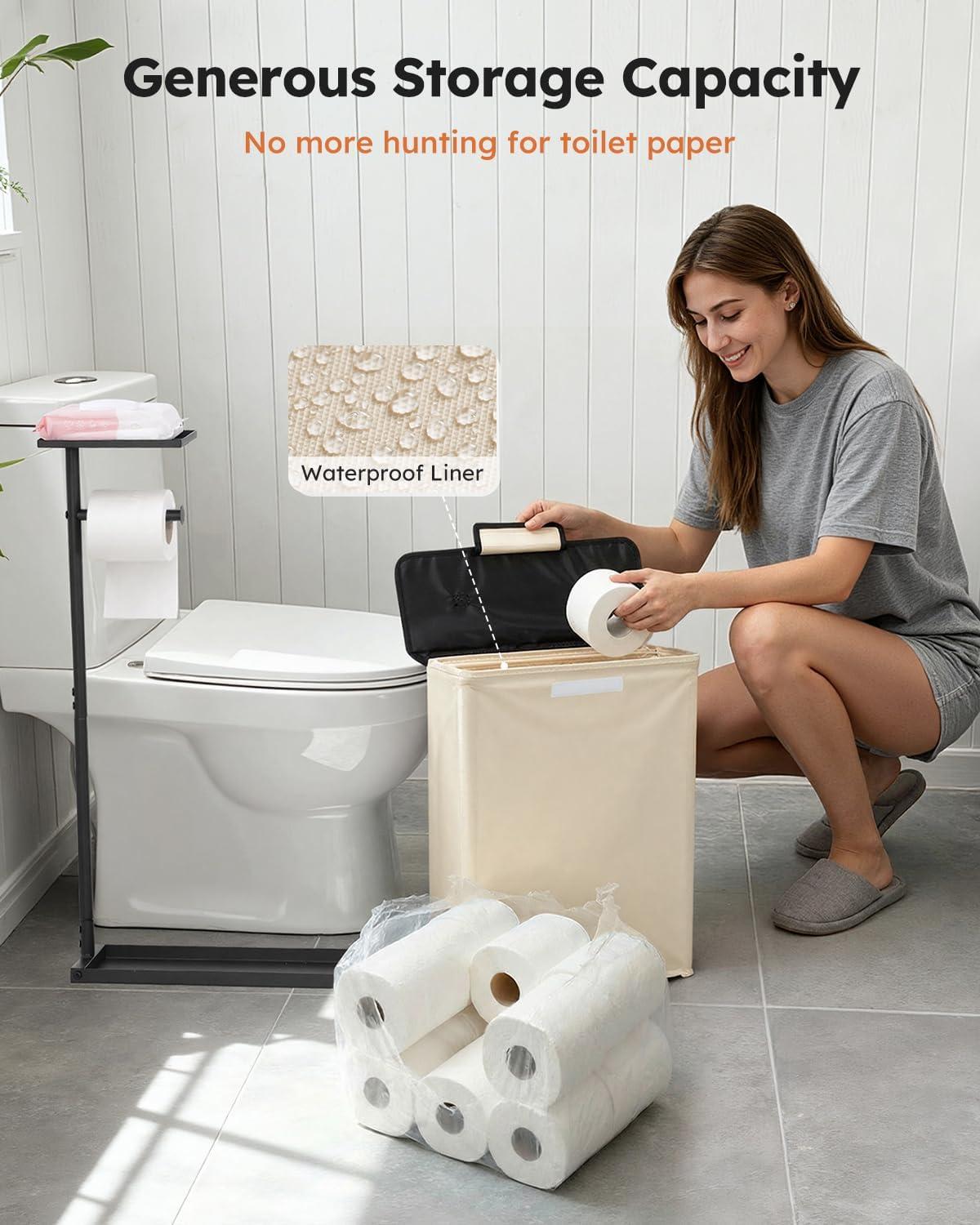 imageFreestanding Toilet Paper Holder Stand with Shelf for Up to 12 RollsRustproof Metal Bathroom Toilet Paper Storage with Lid AllinOne Toilet Tissue Roll Dispenser and OrganizerGrayBeige