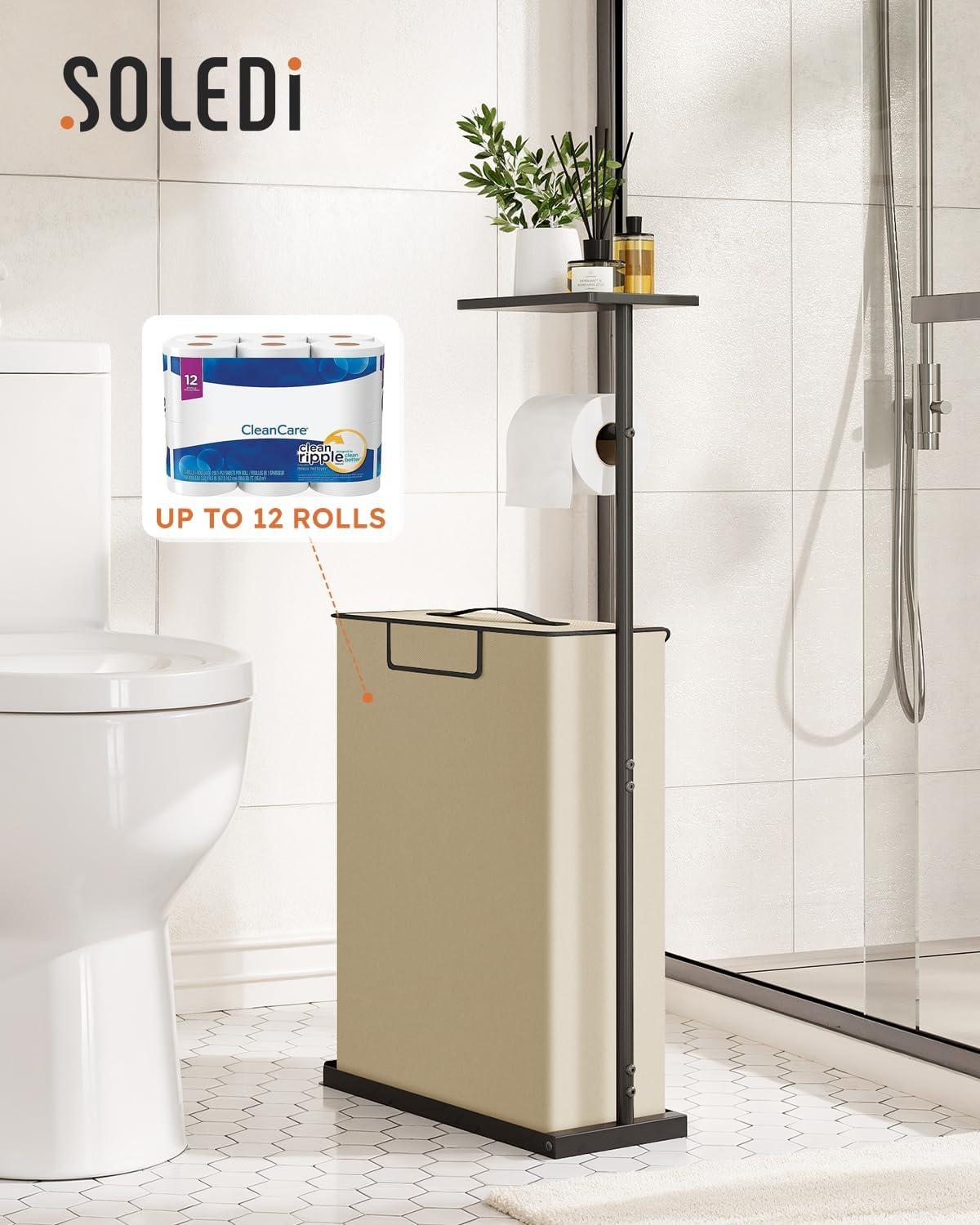 imageFreestanding Toilet Paper Holder Stand with Shelf for Up to 12 RollsRustproof Metal Bathroom Toilet Paper Storage with Lid AllinOne Toilet Tissue Roll Dispenser and OrganizerGrayBeige