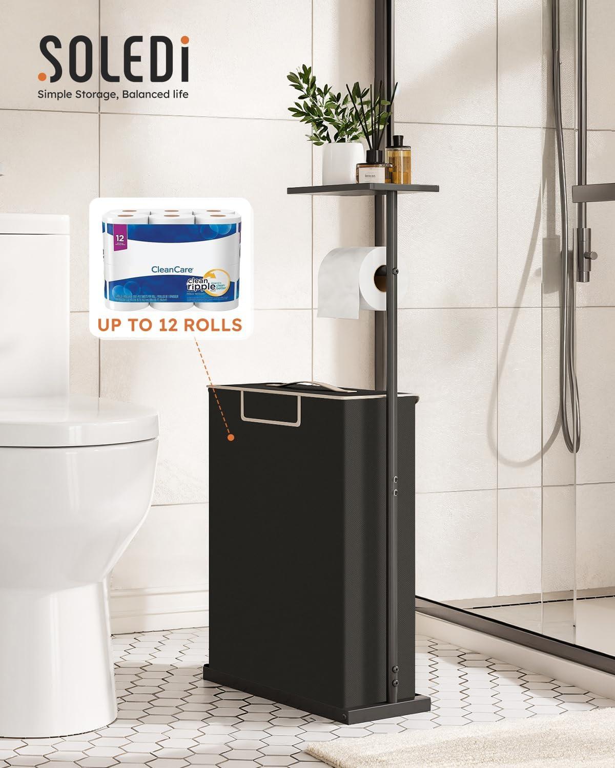 imageFreestanding Toilet Paper Holder Stand with Shelf for Up to 12 RollsRustproof Metal Bathroom Toilet Paper Storage with Lid AllinOne Toilet Tissue Roll Dispenser and OrganizerGrayBlack