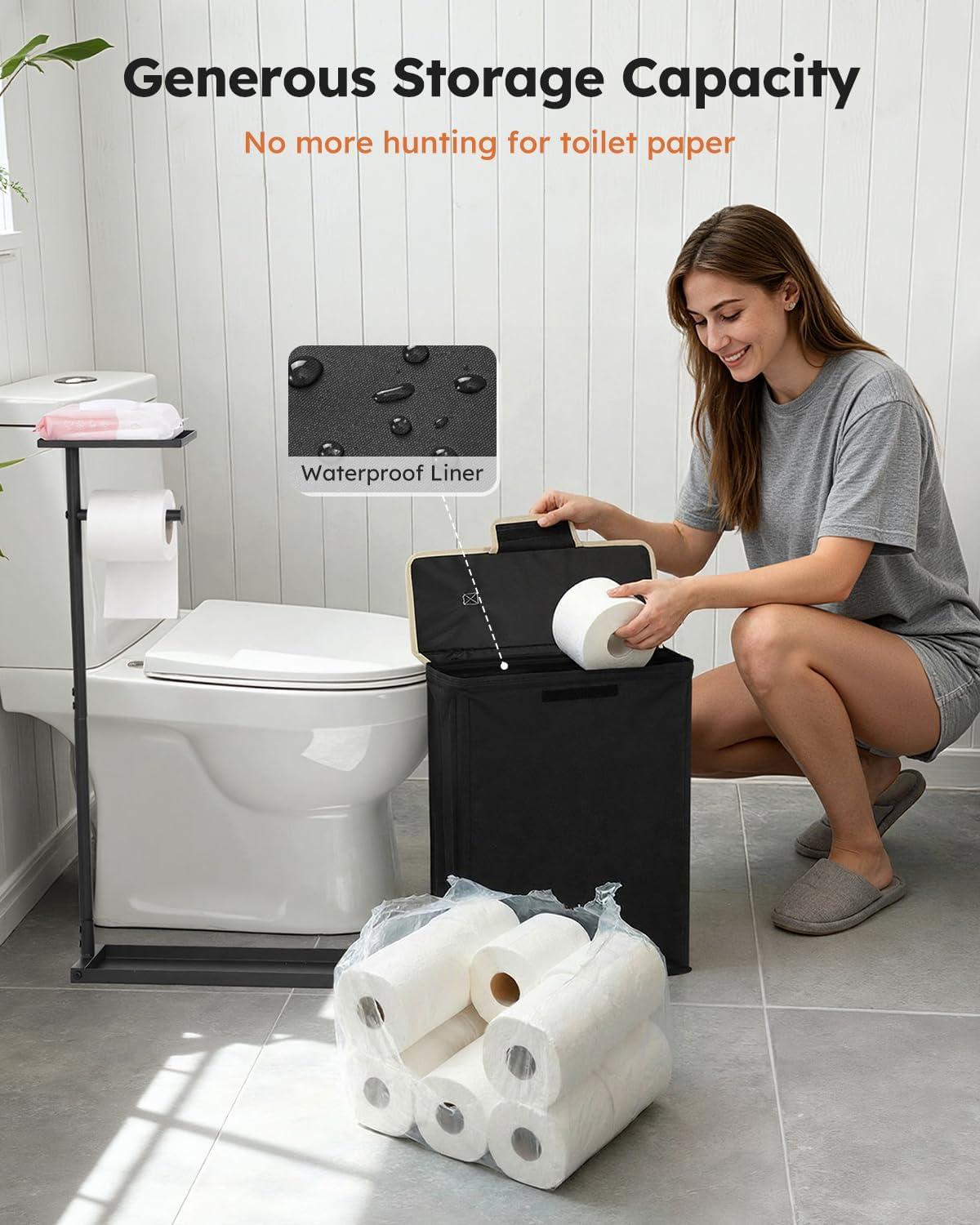 imageFreestanding Toilet Paper Holder Stand with Shelf for Up to 12 RollsRustproof Metal Bathroom Toilet Paper Storage with Lid AllinOne Toilet Tissue Roll Dispenser and OrganizerGrayBlack