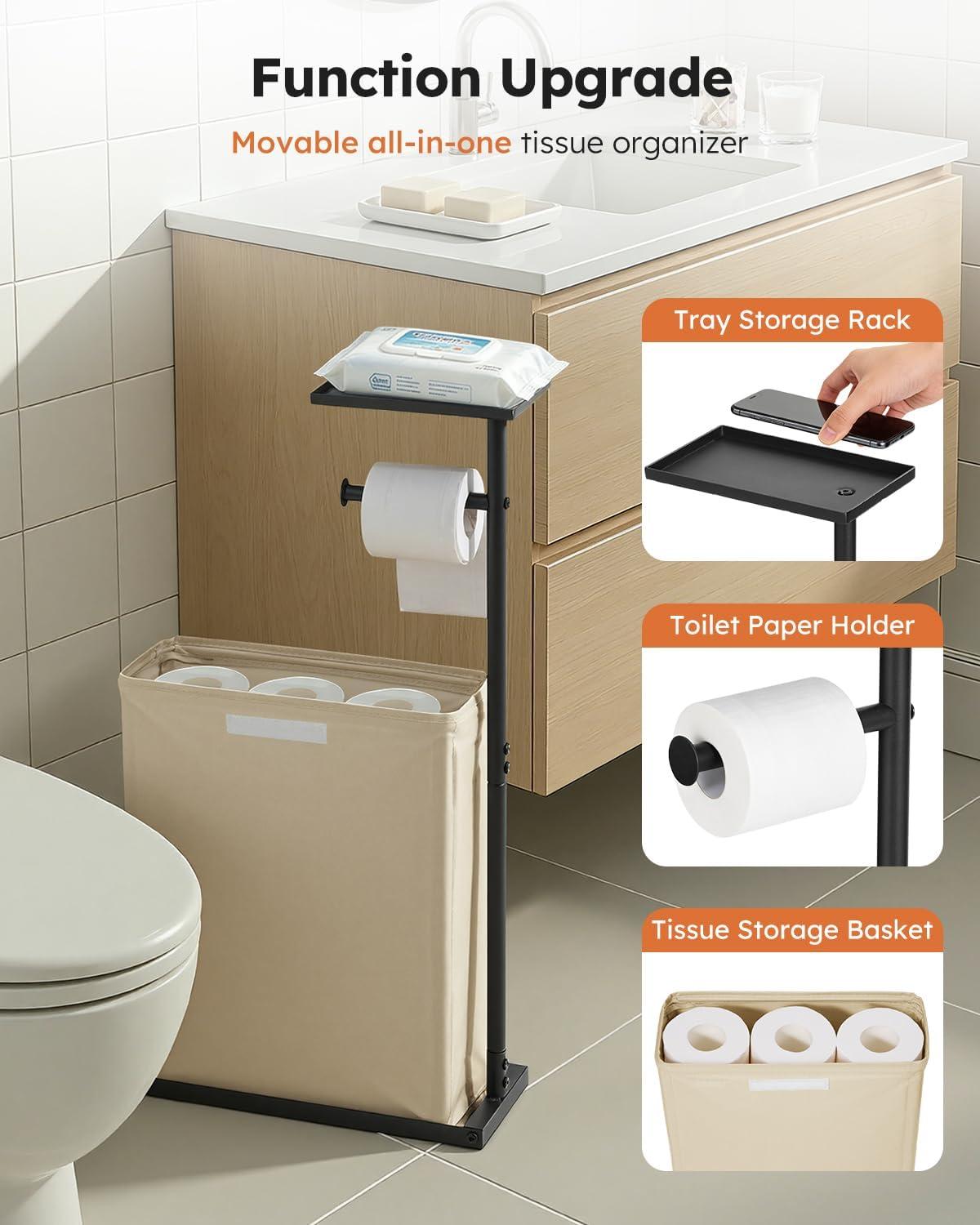 imageFreestanding Toilet Paper Holder Stand with Shelf for Up to 12 RollsRustproof Metal Bathroom Toilet Paper Storage with Lid AllinOne Toilet Tissue Roll Dispenser and OrganizerGrayBeige