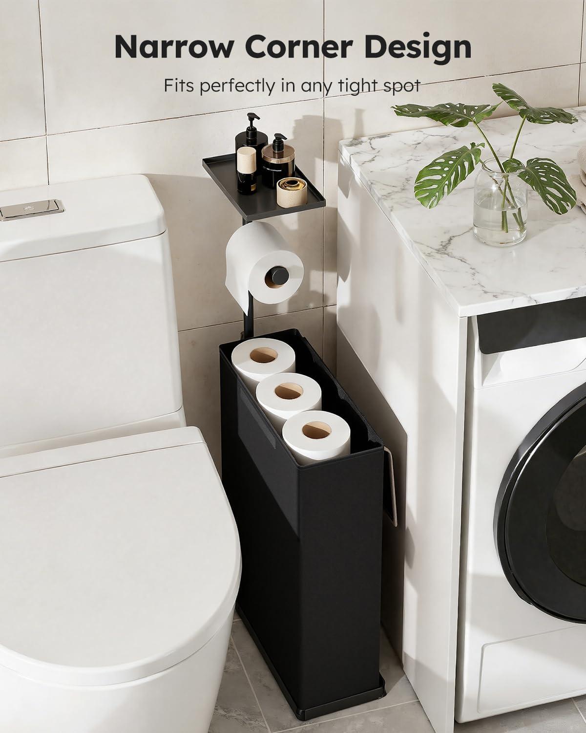imageFreestanding Toilet Paper Holder Stand with Shelf for Up to 12 RollsRustproof Metal Bathroom Toilet Paper Storage with Lid AllinOne Toilet Tissue Roll Dispenser and OrganizerGrayBlack