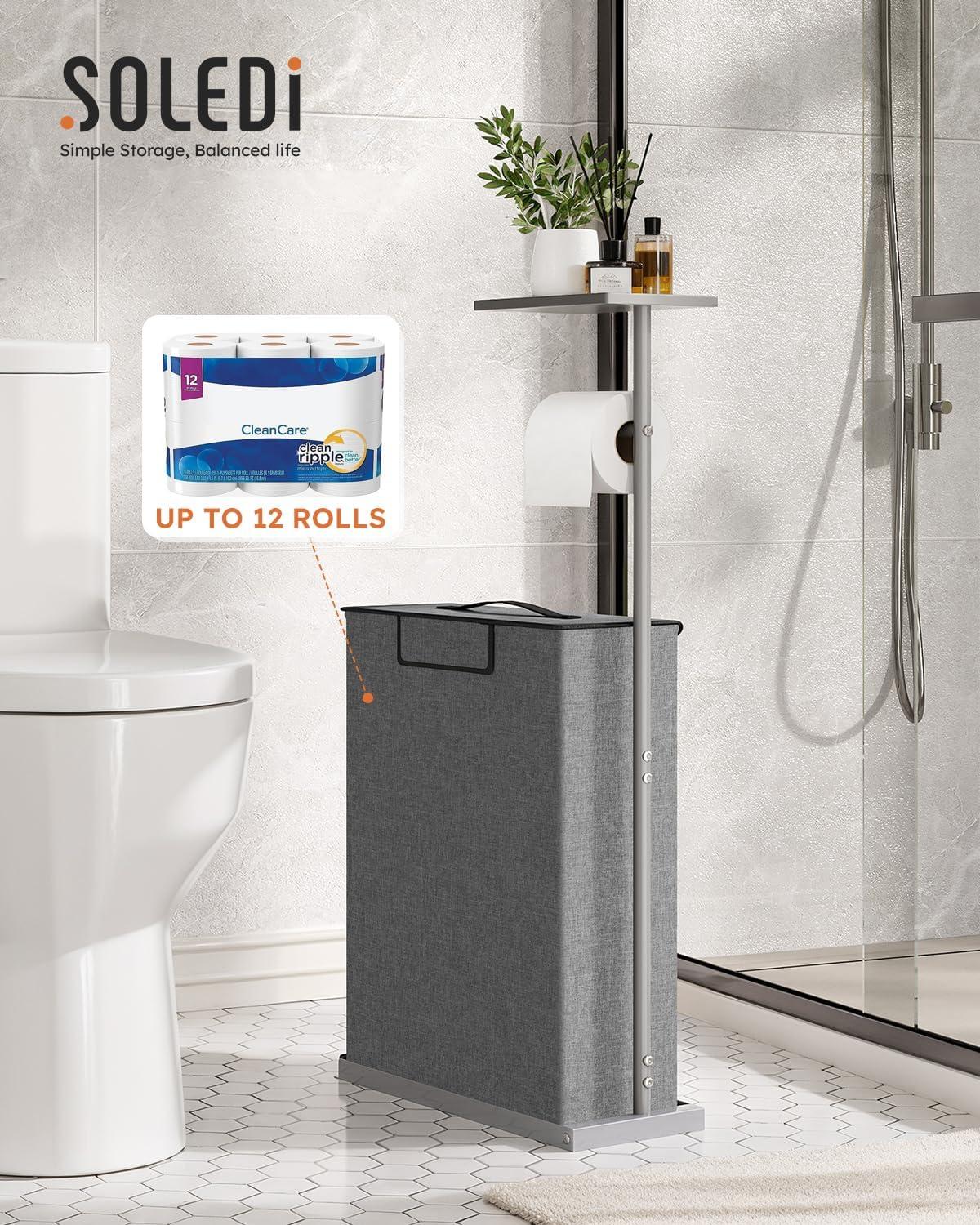 imageFreestanding Toilet Paper Holder Stand with Shelf for Up to 12 RollsRustproof Metal Bathroom Toilet Paper Storage with Lid AllinOne Toilet Tissue Roll Dispenser and OrganizerGrayGray