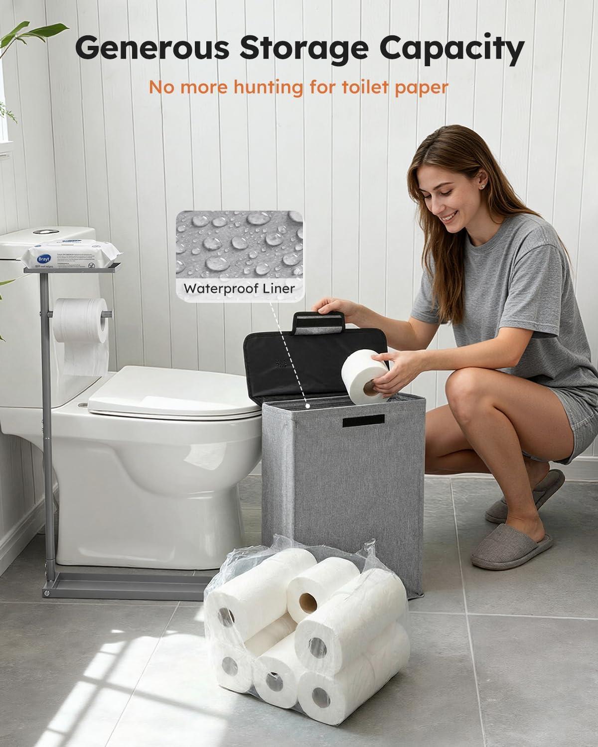 imageFreestanding Toilet Paper Holder Stand with Shelf for Up to 12 RollsRustproof Metal Bathroom Toilet Paper Storage with Lid AllinOne Toilet Tissue Roll Dispenser and OrganizerGrayGray
