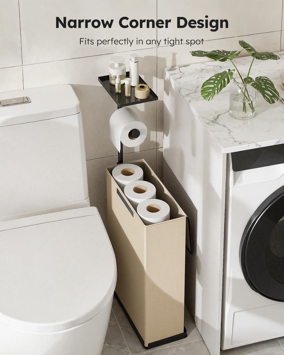 imageFreestanding Toilet Paper Holder Stand with Shelf for Up to 12 RollsRustproof Metal Bathroom Toilet Paper Storage with Lid AllinOne Toilet Tissue Roll Dispenser and OrganizerGrayBeige