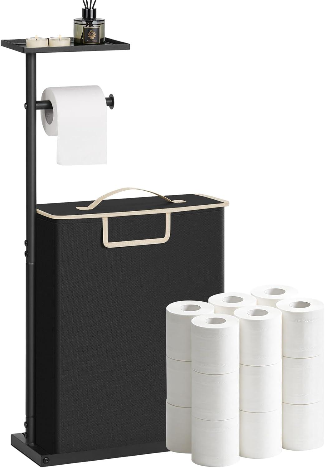 imageFreestanding Toilet Paper Holder Stand with Shelf for Up to 12 RollsRustproof Metal Bathroom Toilet Paper Storage with Lid AllinOne Toilet Tissue Roll Dispenser and OrganizerGrayBlack