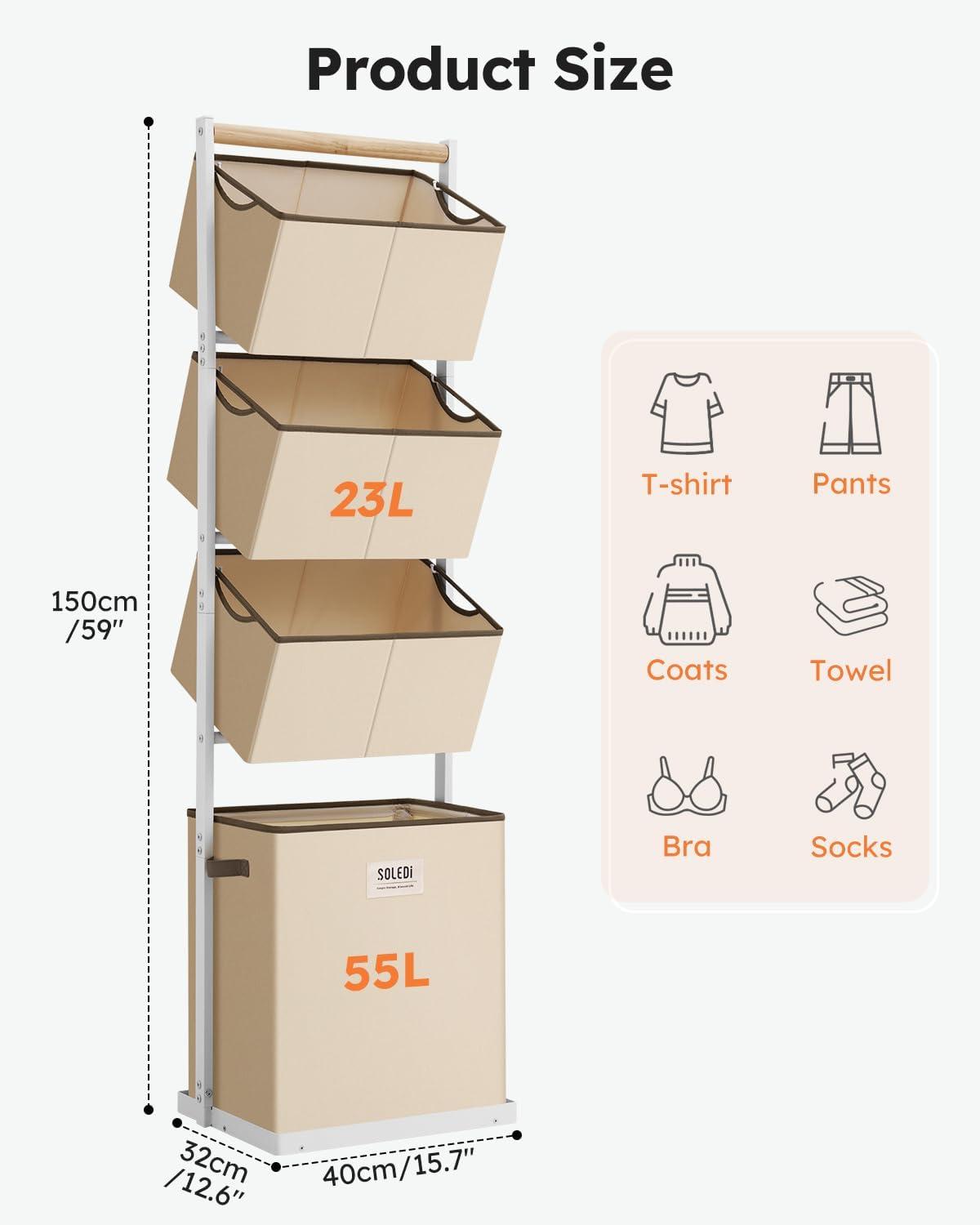 imageSOLEDI 4 Section Laundry Hamper Sorter Stackable Laundry Basket Organizer with Removable Basket 125L 4Tier Vertical Laundry Sorter for Small Space Laundry Room Dorm Bathroom Wardrobe BlackBeige