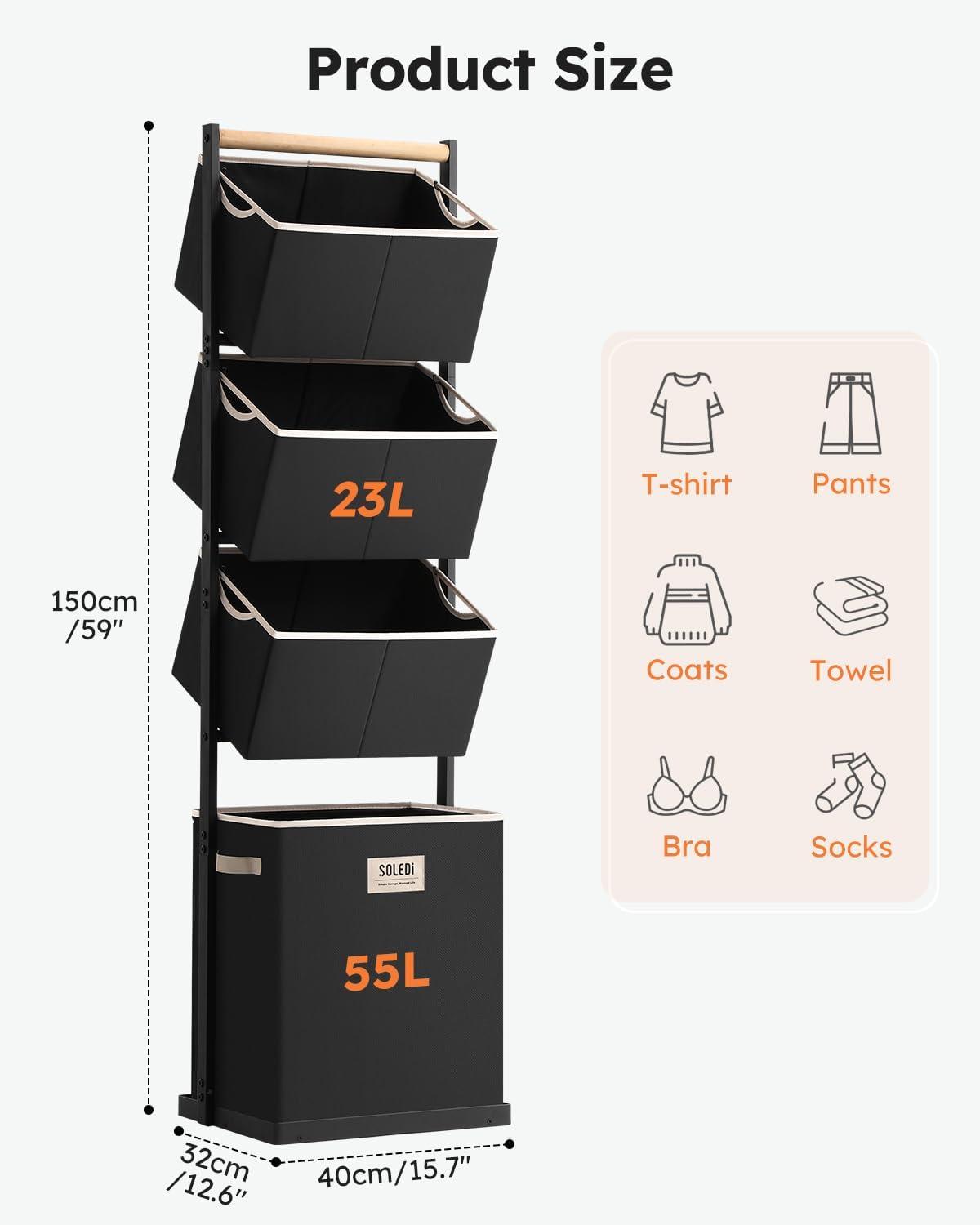 imageSOLEDI 4 Section Laundry Hamper Sorter Stackable Laundry Basket Organizer with Removable Basket 125L 4Tier Vertical Laundry Sorter for Small Space Laundry Room Dorm Bathroom Wardrobe BlackBlack