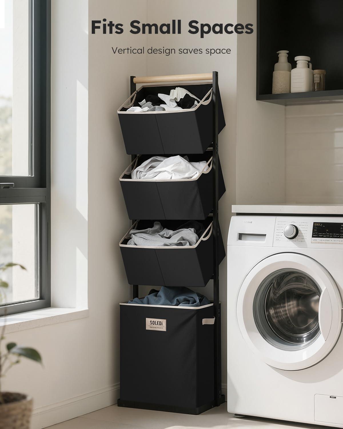 imageSOLEDI 4 Section Laundry Hamper Sorter Stackable Laundry Basket Organizer with Removable Basket 125L 4Tier Vertical Laundry Sorter for Small Space Laundry Room Dorm Bathroom Wardrobe BlackBlack