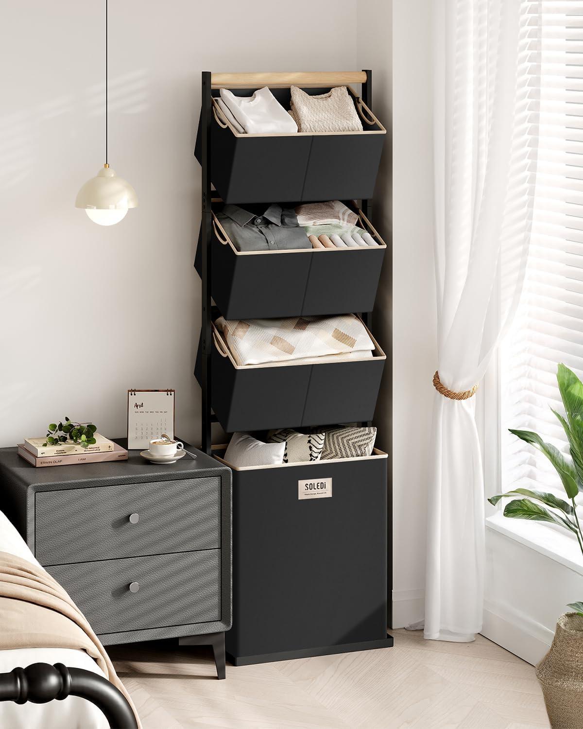 imageSOLEDI 4 Section Laundry Hamper Sorter Stackable Laundry Basket Organizer with Removable Basket 125L 4Tier Vertical Laundry Sorter for Small Space Laundry Room Dorm Bathroom Wardrobe BlackBlack