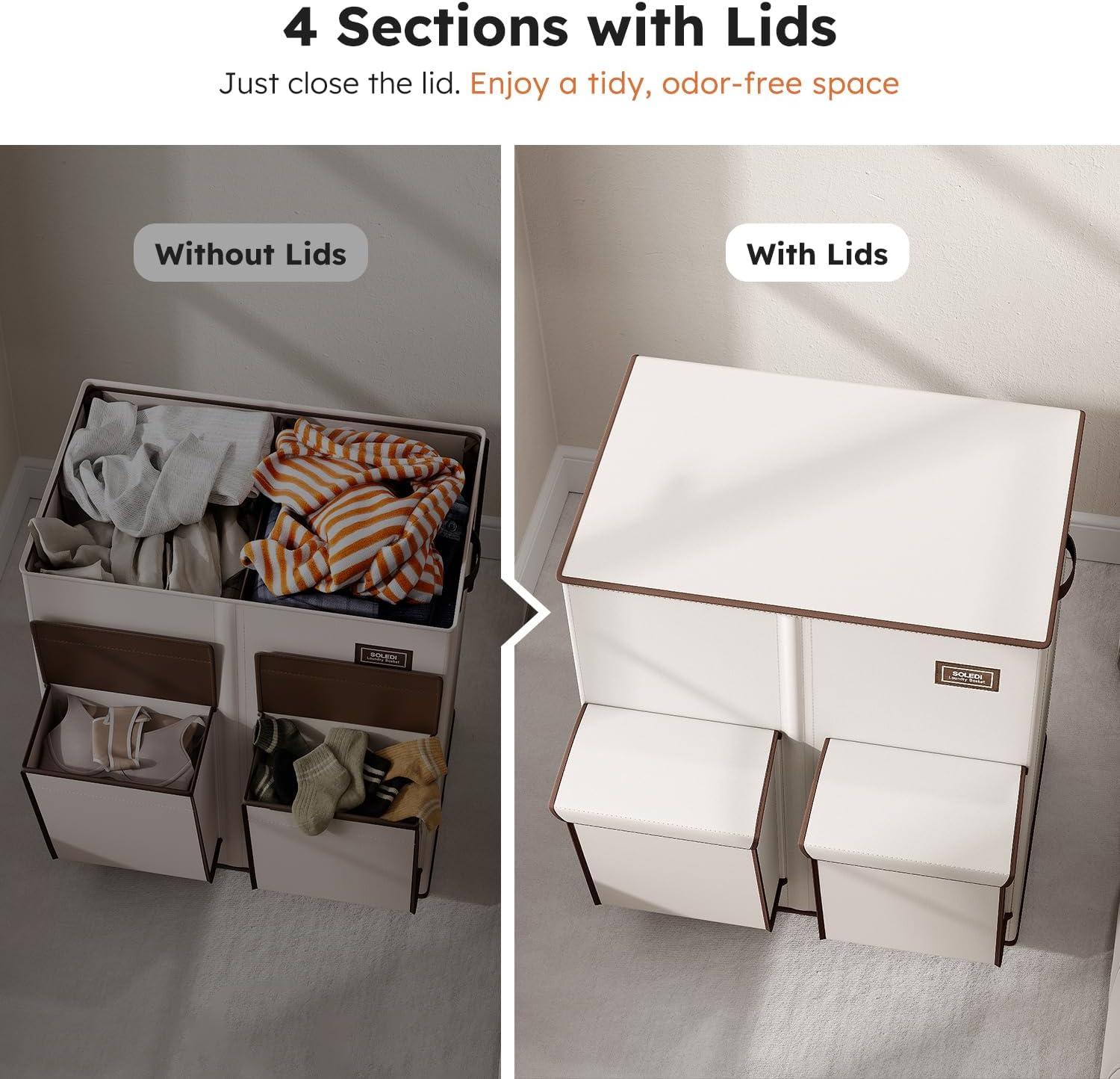 imageSOLEDI Double Laundry Hamper with Lid 478 Gal 180L Large Laundr Basket 2 Section with 2 Side Pockets Dirty Clothes Hamper with Removable Bag Easy to Carry for Laundry Room Bedroom Light taupeBeige