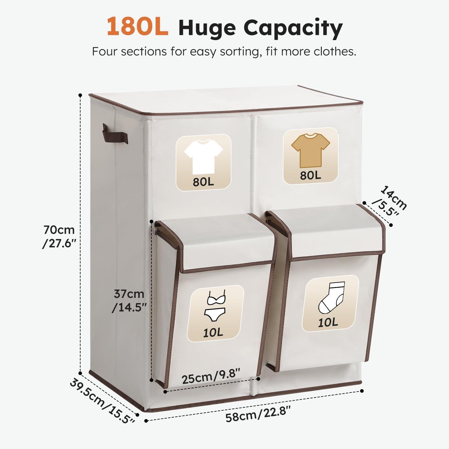 imageSOLEDI Double Laundry Hamper with Lid 478 Gal 180L Large Laundr Basket 2 Section with 2 Side Pockets Dirty Clothes Hamper with Removable Bag Easy to Carry for Laundry Room Bedroom Light taupeBeige