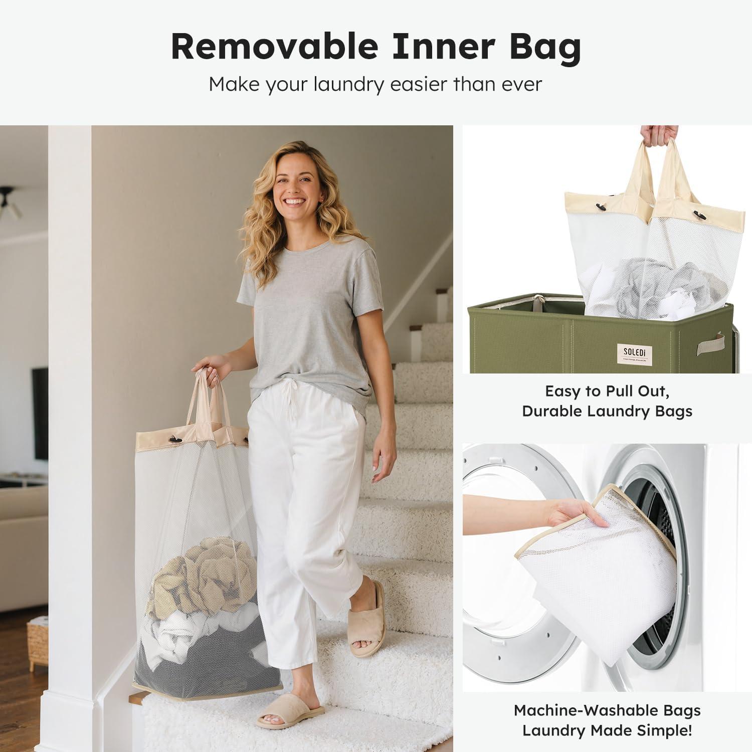 imageSOLEDI Double Laundry Hamper with Lid 478 Gal 180L Large Laundr Basket 2 Section with 2 Side Pockets Dirty Clothes Hamper with Removable Bag Easy to Carry for Laundry Room Bedroom Light taupeAvocado