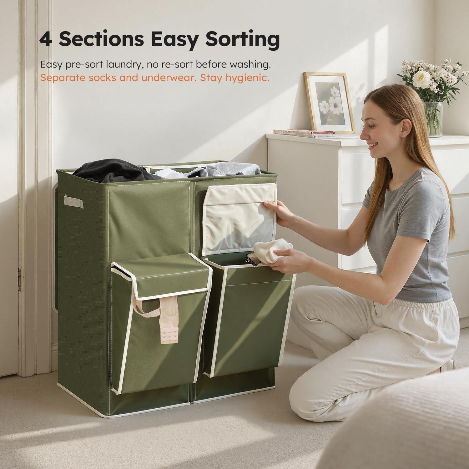 imageSOLEDI Double Laundry Hamper with Lid 478 Gal 180L Large Laundr Basket 2 Section with 2 Side Pockets Dirty Clothes Hamper with Removable Bag Easy to Carry for Laundry Room Bedroom Light taupeAvocado
