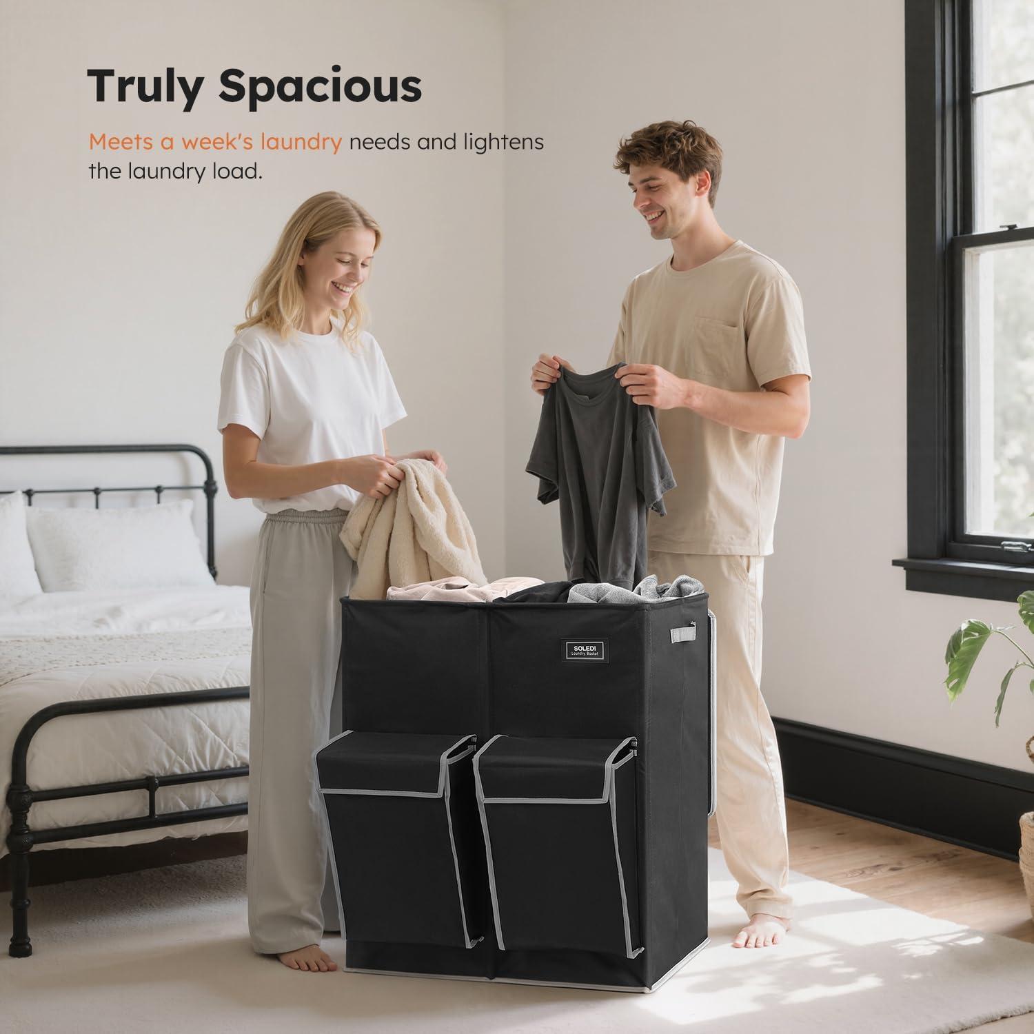 imageSOLEDI Double Laundry Hamper with Lid 478 Gal 180L Large Laundr Basket 2 Section with 2 Side Pockets Dirty Clothes Hamper with Removable Bag Easy to Carry for Laundry Room Bedroom Light taupeBlack