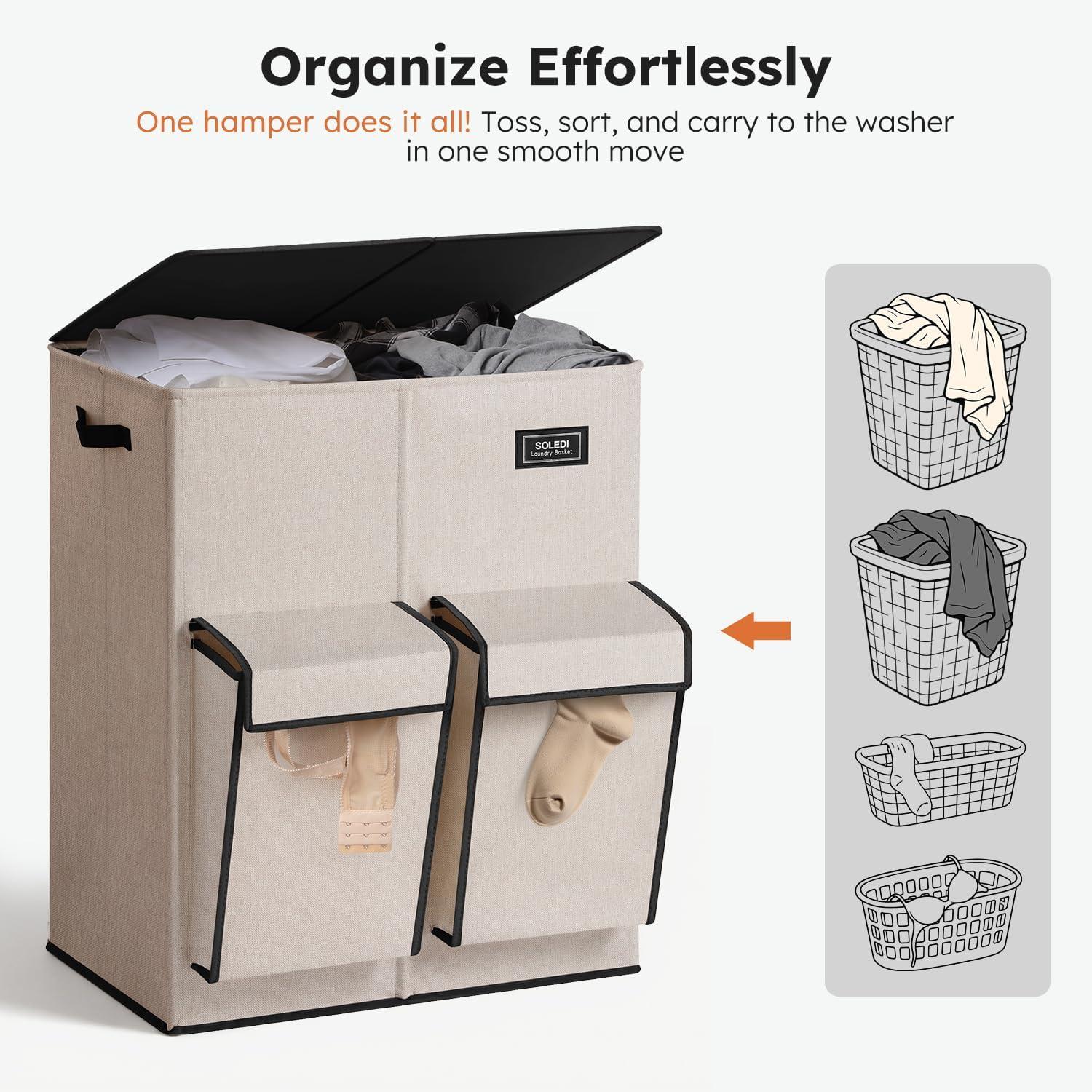 imageSOLEDI Double Laundry Hamper with Lid 478 Gal 180L Large Laundr Basket 2 Section with 2 Side Pockets Dirty Clothes Hamper with Removable Bag Easy to Carry for Laundry Room Bedroom Light taupeLight taupe