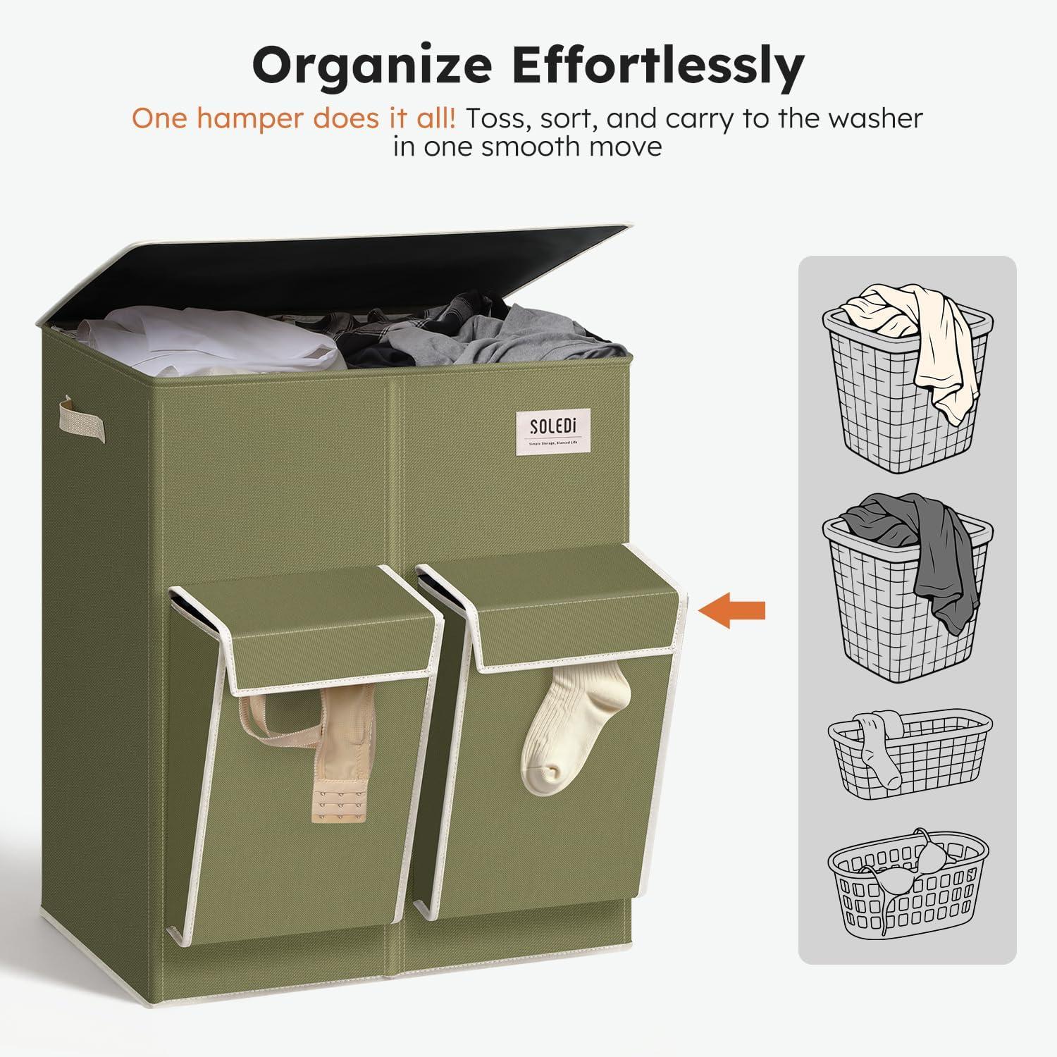 imageSOLEDI Double Laundry Hamper with Lid 478 Gal 180L Large Laundr Basket 2 Section with 2 Side Pockets Dirty Clothes Hamper with Removable Bag Easy to Carry for Laundry Room Bedroom Light taupeAvocado
