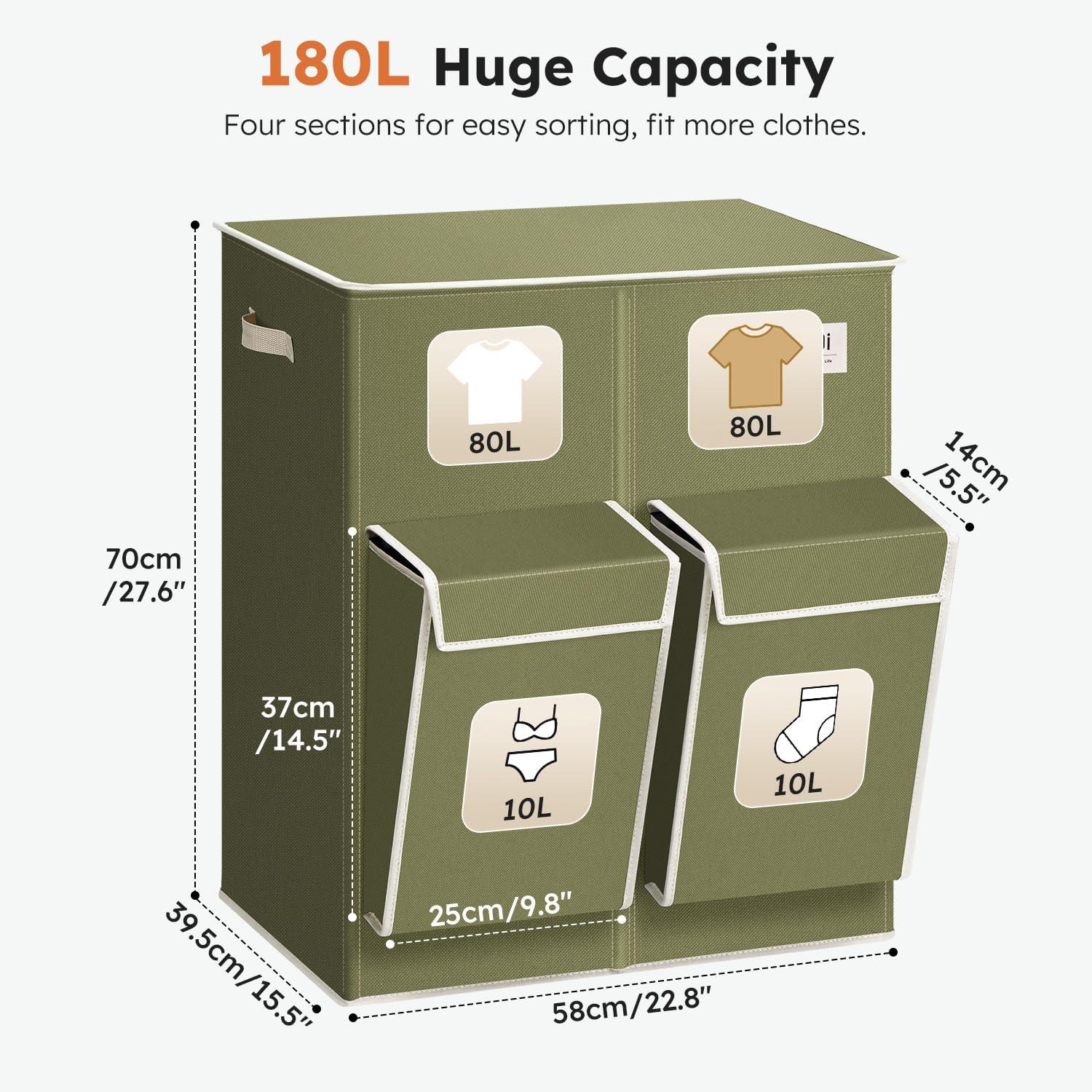 imageSOLEDI Double Laundry Hamper with Lid 478 Gal 180L Large Laundr Basket 2 Section with 2 Side Pockets Dirty Clothes Hamper with Removable Bag Easy to Carry for Laundry Room Bedroom Light taupeAvocado