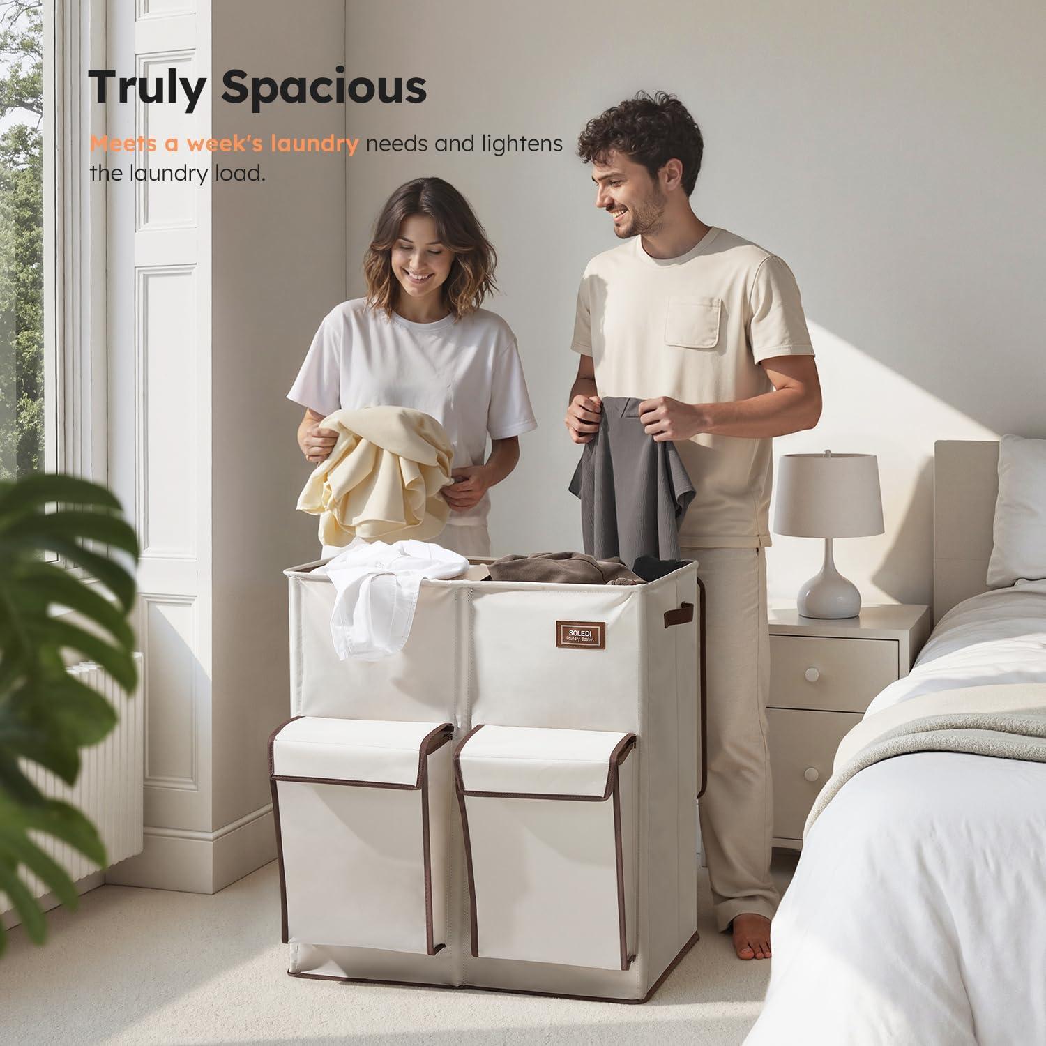 imageSOLEDI Double Laundry Hamper with Lid 478 Gal 180L Large Laundr Basket 2 Section with 2 Side Pockets Dirty Clothes Hamper with Removable Bag Easy to Carry for Laundry Room Bedroom Light taupeBeige