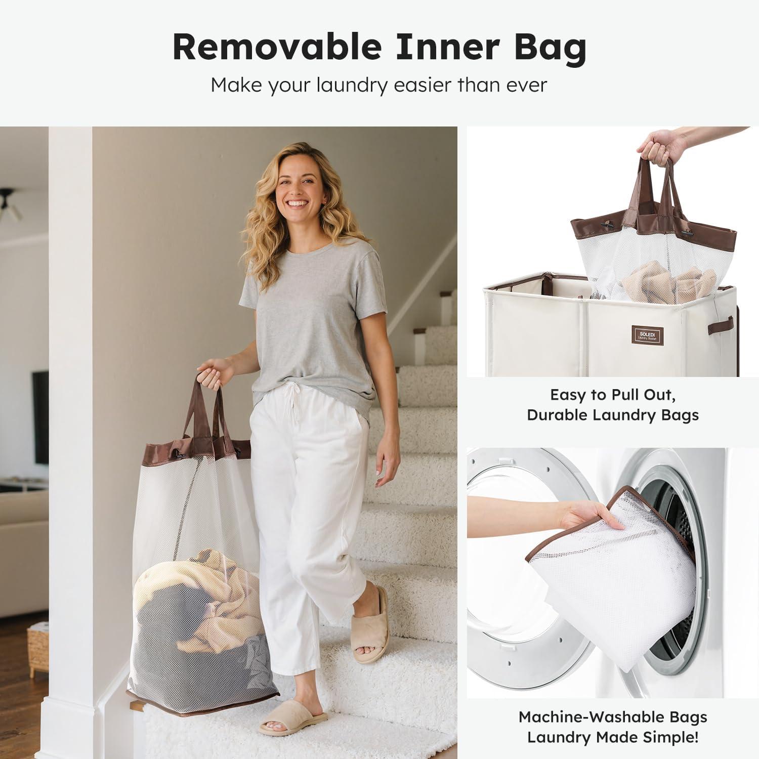 imageSOLEDI Double Laundry Hamper with Lid 478 Gal 180L Large Laundr Basket 2 Section with 2 Side Pockets Dirty Clothes Hamper with Removable Bag Easy to Carry for Laundry Room Bedroom Light taupeBeige