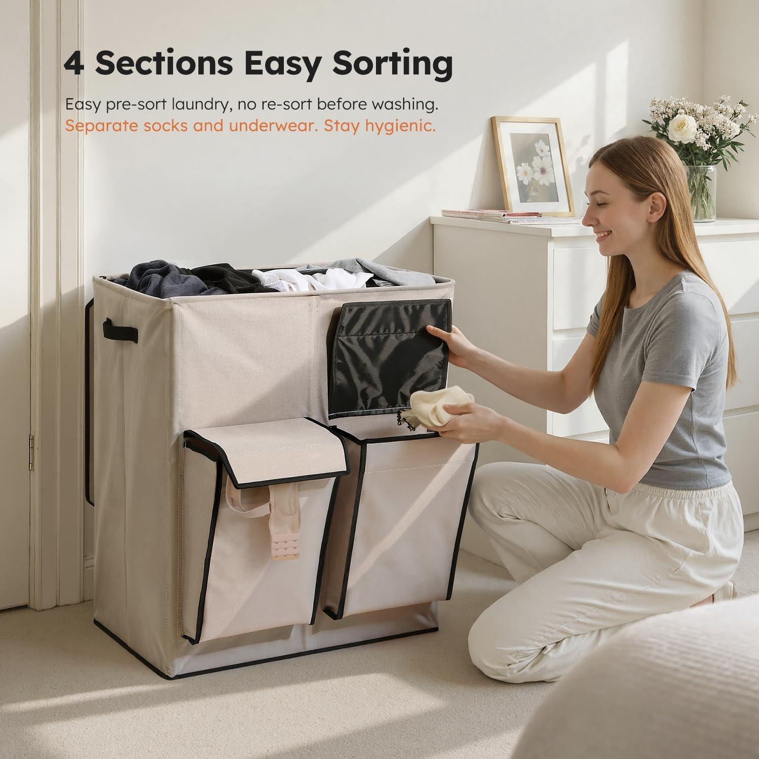 imageSOLEDI Double Laundry Hamper with Lid 478 Gal 180L Large Laundr Basket 2 Section with 2 Side Pockets Dirty Clothes Hamper with Removable Bag Easy to Carry for Laundry Room Bedroom Light taupeLight taupe