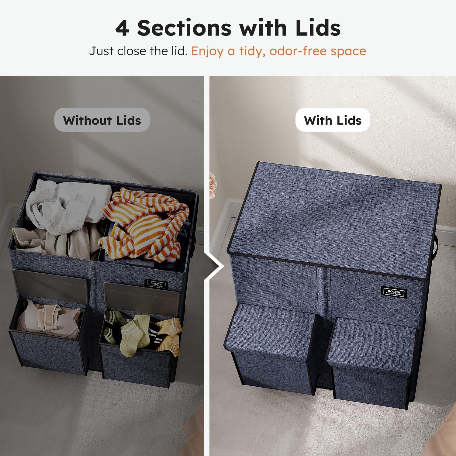 imageSOLEDI Double Laundry Hamper with Lid 478 Gal 180L Large Laundr Basket 2 Section with 2 Side Pockets Dirty Clothes Hamper with Removable Bag Easy to Carry for Laundry Room Bedroom Light taupeNavy Blue