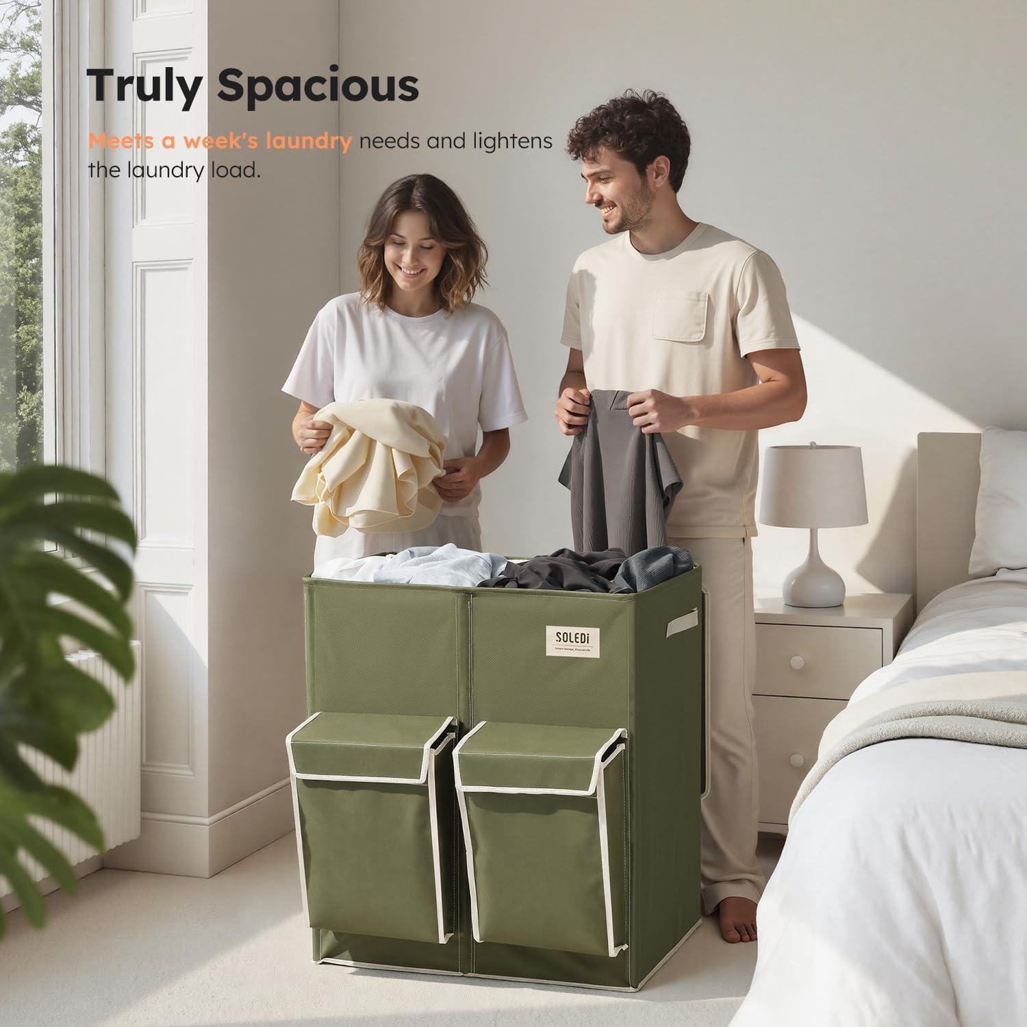 imageSOLEDI Double Laundry Hamper with Lid 478 Gal 180L Large Laundr Basket 2 Section with 2 Side Pockets Dirty Clothes Hamper with Removable Bag Easy to Carry for Laundry Room Bedroom Light taupeAvocado