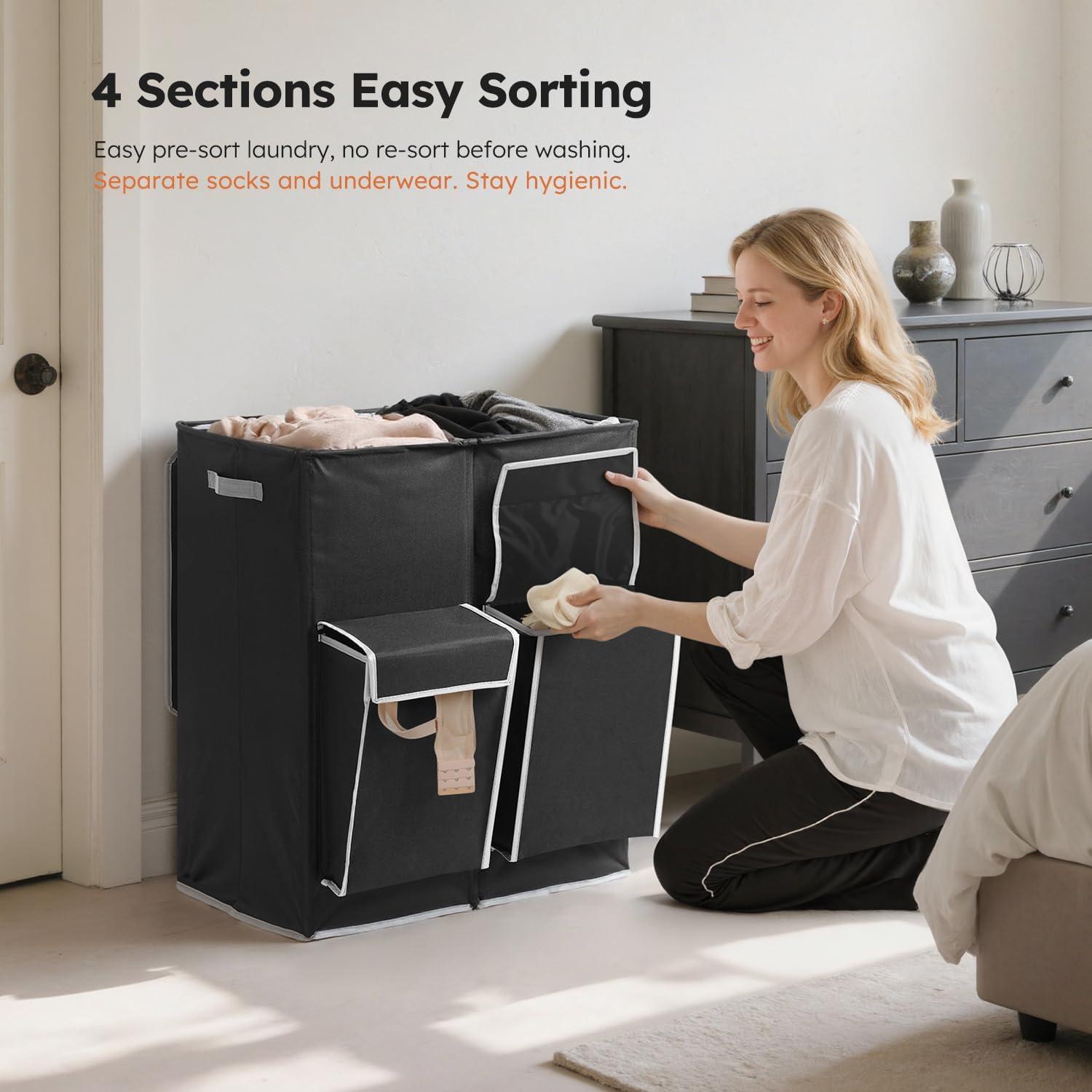 imageSOLEDI Double Laundry Hamper with Lid 478 Gal 180L Large Laundr Basket 2 Section with 2 Side Pockets Dirty Clothes Hamper with Removable Bag Easy to Carry for Laundry Room Bedroom Light taupeBlack