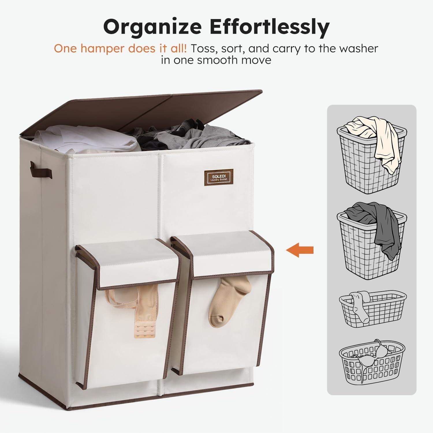 imageSOLEDI Double Laundry Hamper with Lid 478 Gal 180L Large Laundr Basket 2 Section with 2 Side Pockets Dirty Clothes Hamper with Removable Bag Easy to Carry for Laundry Room Bedroom Light taupeBeige