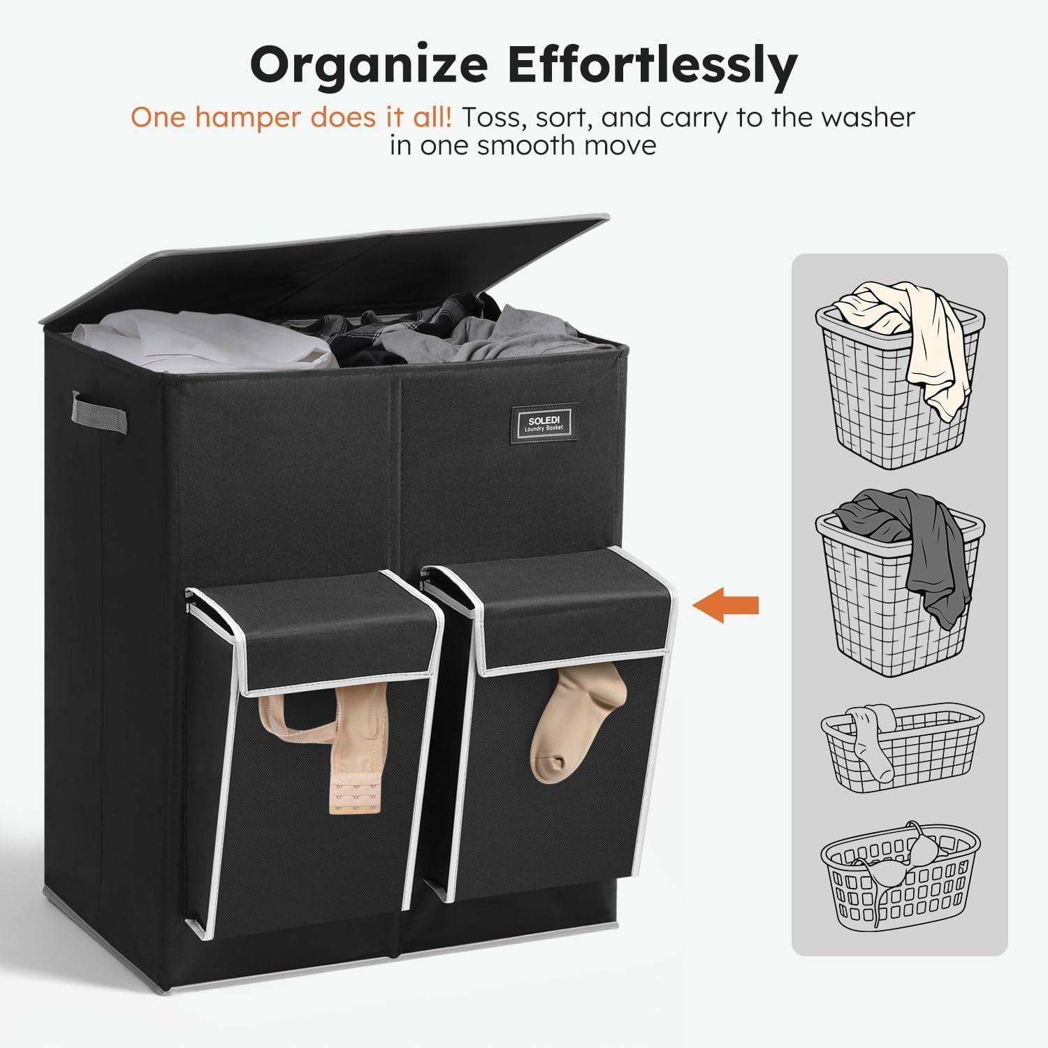 imageSOLEDI Double Laundry Hamper with Lid 478 Gal 180L Large Laundr Basket 2 Section with 2 Side Pockets Dirty Clothes Hamper with Removable Bag Easy to Carry for Laundry Room Bedroom Light taupeBlack