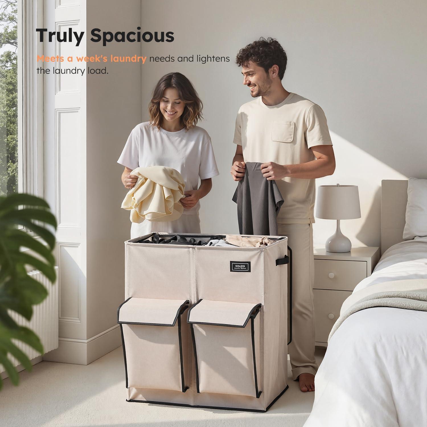 imageSOLEDI Double Laundry Hamper with Lid 478 Gal 180L Large Laundr Basket 2 Section with 2 Side Pockets Dirty Clothes Hamper with Removable Bag Easy to Carry for Laundry Room Bedroom Light taupeLight taupe