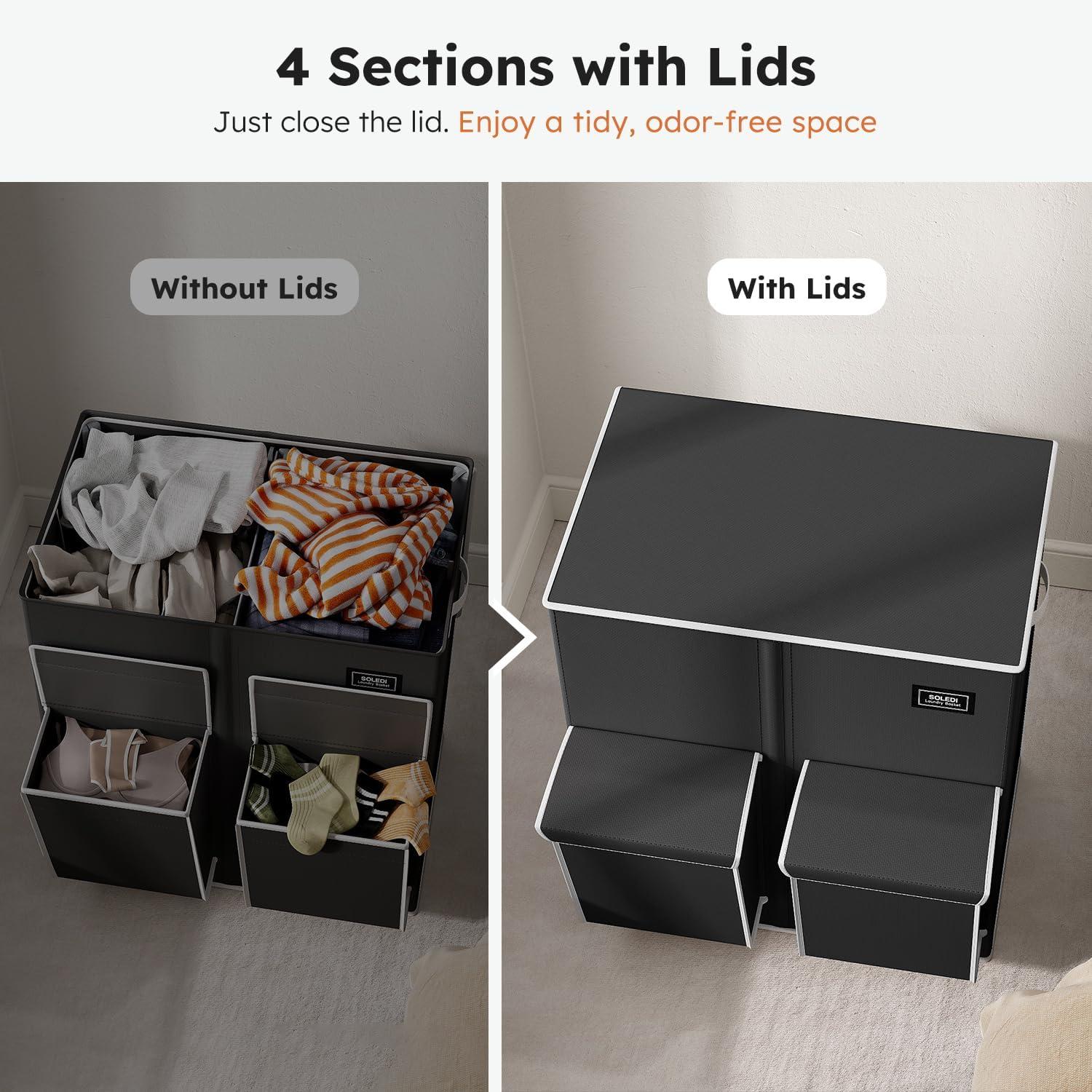 imageSOLEDI Double Laundry Hamper with Lid 478 Gal 180L Large Laundr Basket 2 Section with 2 Side Pockets Dirty Clothes Hamper with Removable Bag Easy to Carry for Laundry Room Bedroom Light taupeBlack