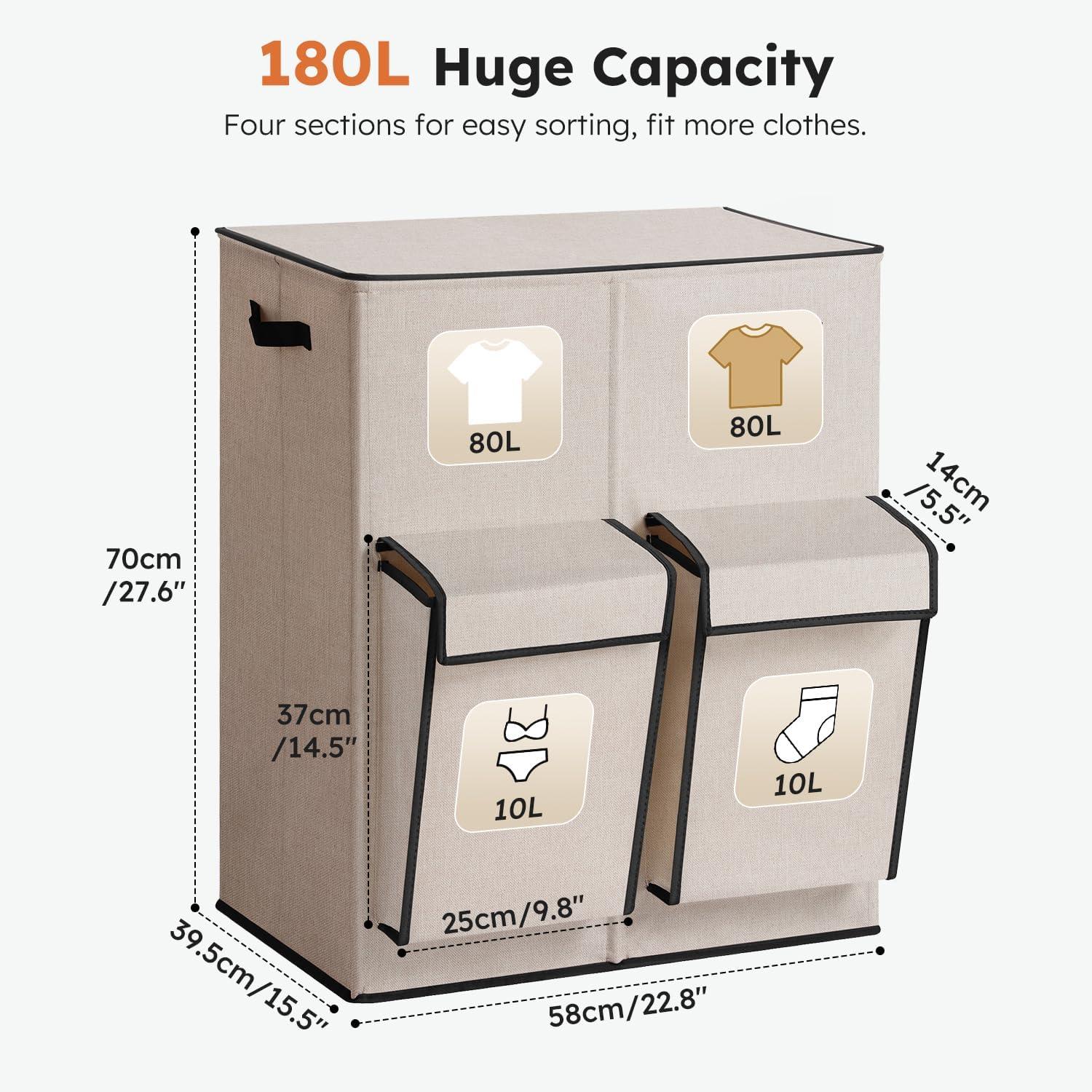 imageSOLEDI Double Laundry Hamper with Lid 478 Gal 180L Large Laundr Basket 2 Section with 2 Side Pockets Dirty Clothes Hamper with Removable Bag Easy to Carry for Laundry Room Bedroom Light taupeLight taupe