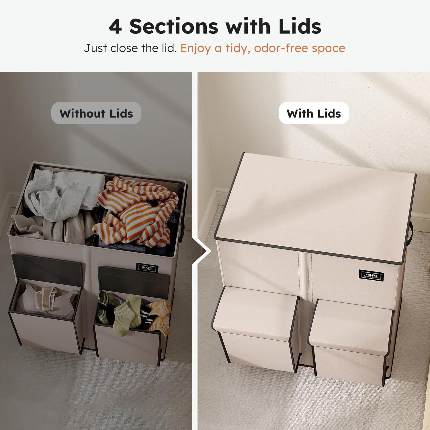imageSOLEDI Double Laundry Hamper with Lid 478 Gal 180L Large Laundr Basket 2 Section with 2 Side Pockets Dirty Clothes Hamper with Removable Bag Easy to Carry for Laundry Room Bedroom Light taupeLight taupe