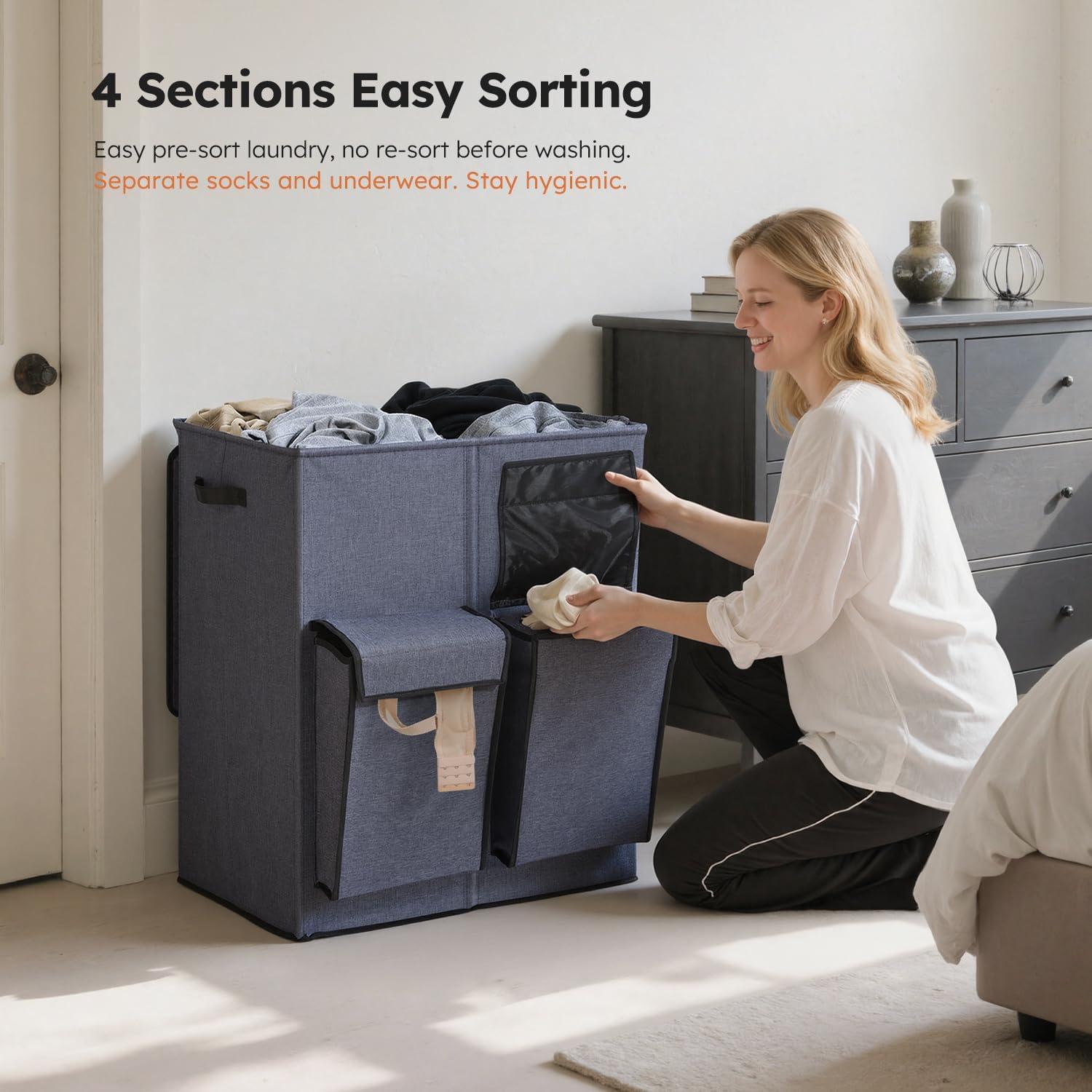 imageSOLEDI Double Laundry Hamper with Lid 478 Gal 180L Large Laundr Basket 2 Section with 2 Side Pockets Dirty Clothes Hamper with Removable Bag Easy to Carry for Laundry Room Bedroom Light taupeNavy Blue