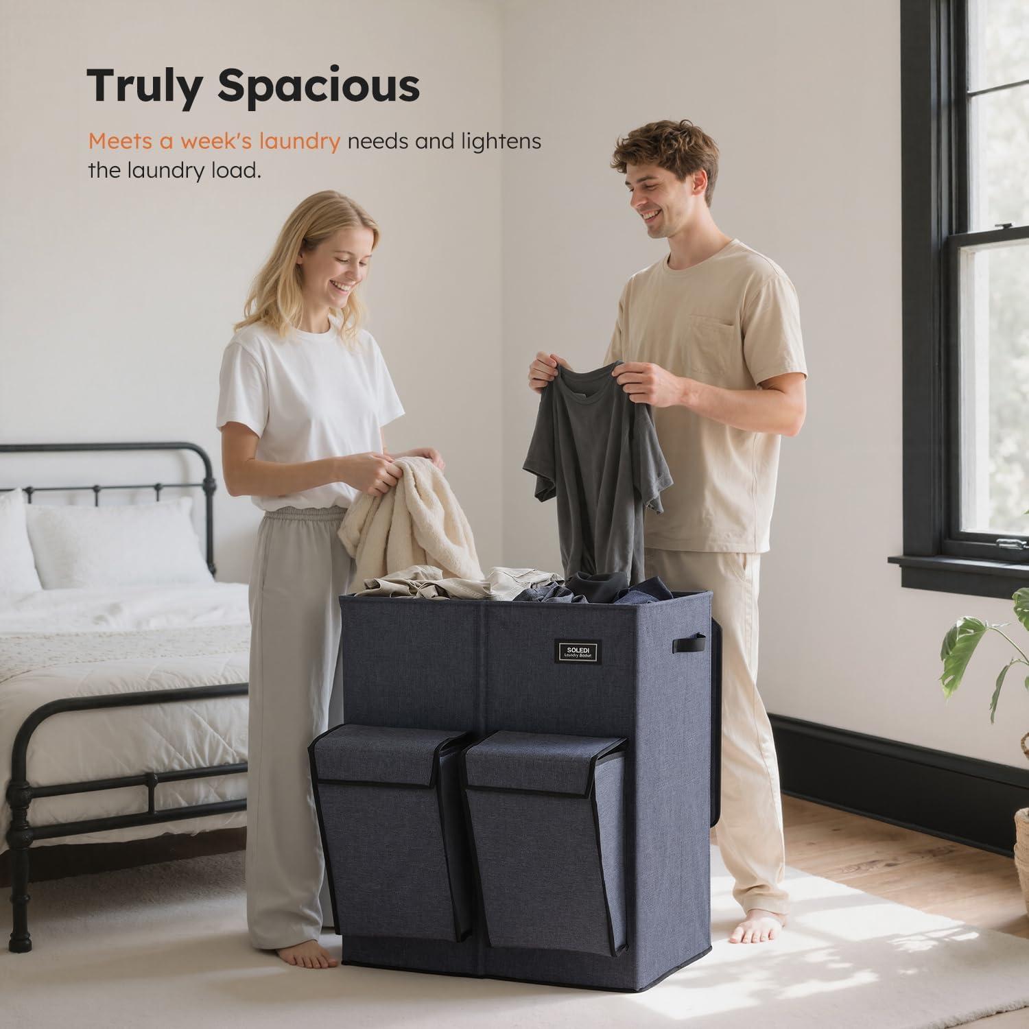 imageSOLEDI Double Laundry Hamper with Lid 478 Gal 180L Large Laundr Basket 2 Section with 2 Side Pockets Dirty Clothes Hamper with Removable Bag Easy to Carry for Laundry Room Bedroom Light taupeNavy Blue