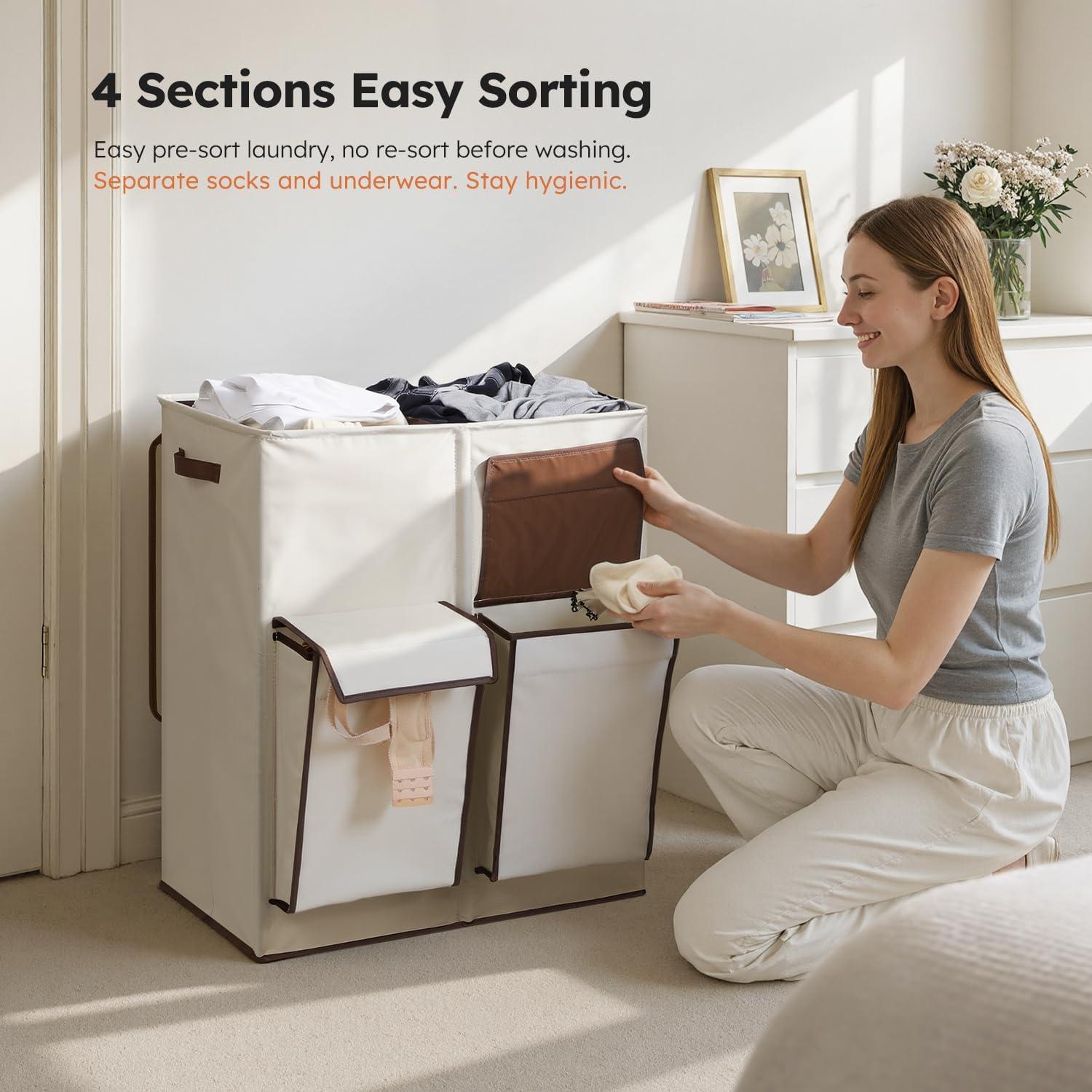 imageSOLEDI Double Laundry Hamper with Lid 478 Gal 180L Large Laundr Basket 2 Section with 2 Side Pockets Dirty Clothes Hamper with Removable Bag Easy to Carry for Laundry Room Bedroom Light taupeBeige