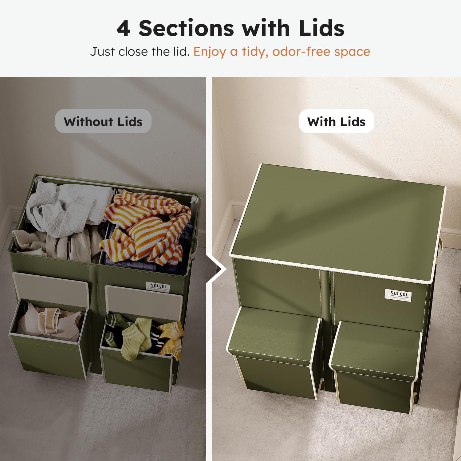 imageSOLEDI Double Laundry Hamper with Lid 478 Gal 180L Large Laundr Basket 2 Section with 2 Side Pockets Dirty Clothes Hamper with Removable Bag Easy to Carry for Laundry Room Bedroom Light taupeAvocado