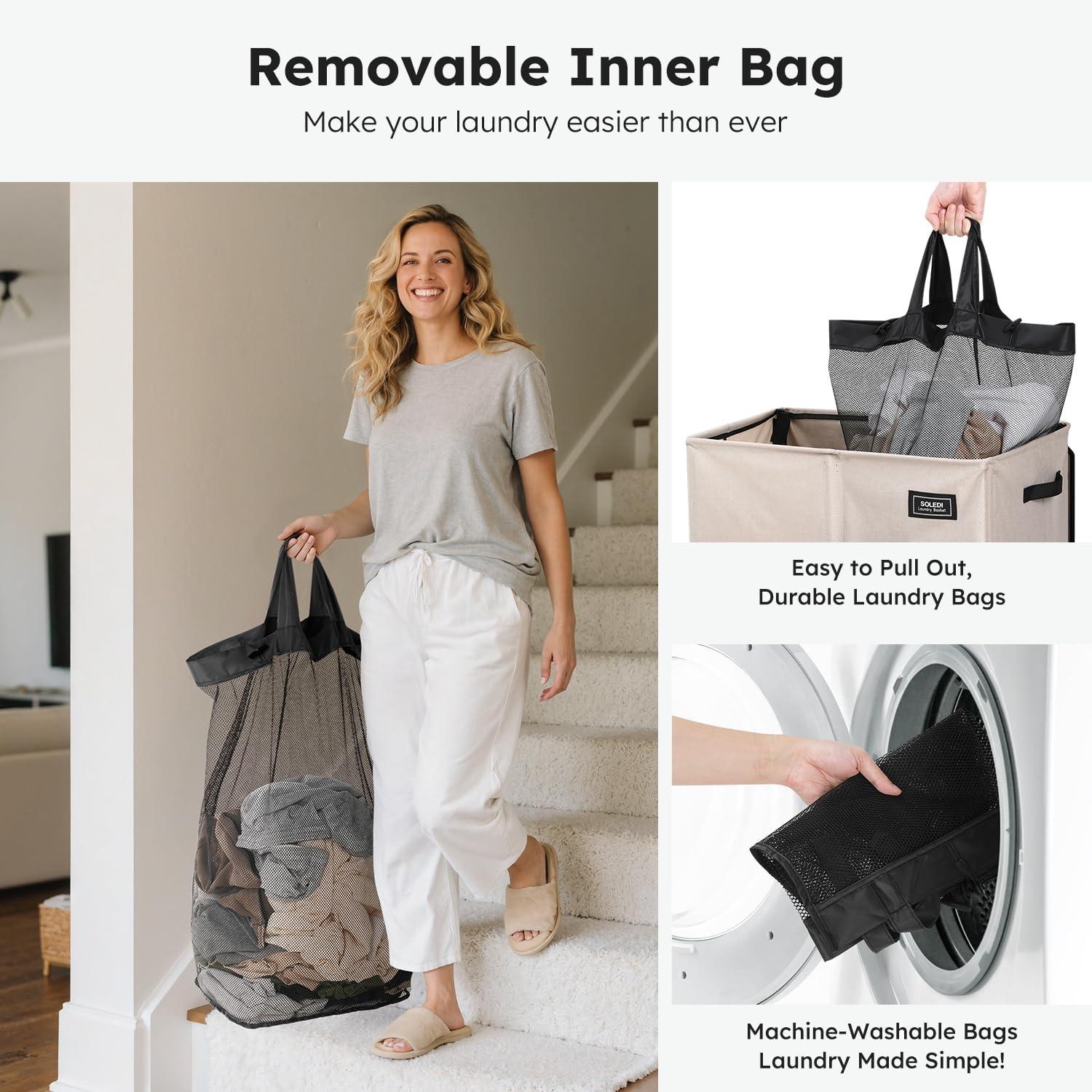 imageSOLEDI Double Laundry Hamper with Lid 478 Gal 180L Large Laundr Basket 2 Section with 2 Side Pockets Dirty Clothes Hamper with Removable Bag Easy to Carry for Laundry Room Bedroom Light taupeLight taupe