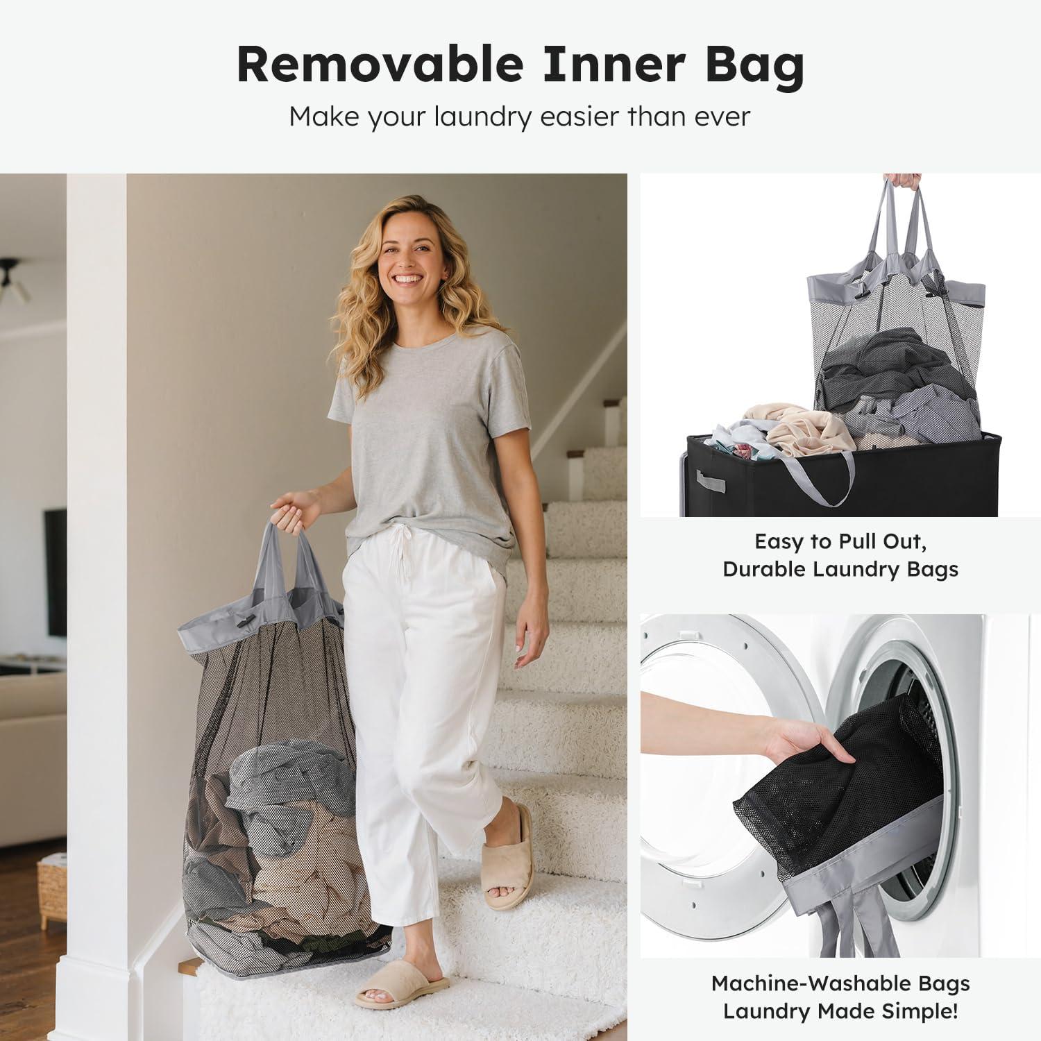 imageSOLEDI Double Laundry Hamper with Lid 478 Gal 180L Large Laundr Basket 2 Section with 2 Side Pockets Dirty Clothes Hamper with Removable Bag Easy to Carry for Laundry Room Bedroom Light taupeBlack