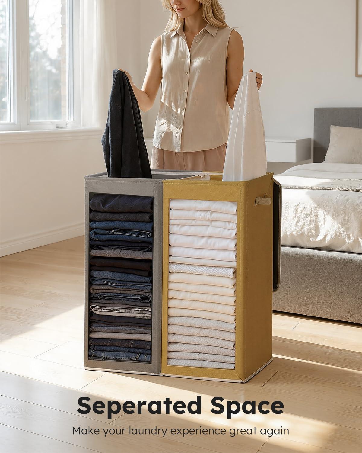 imageSOLEDI Double Laundry Hamper with Lid and Removable bag Large Laundry Basket 2 Section with handles Collapsible Dirty Clothes Hampers for Laundry Bedroom Dorm CollegeMango YellowConcrete Gray