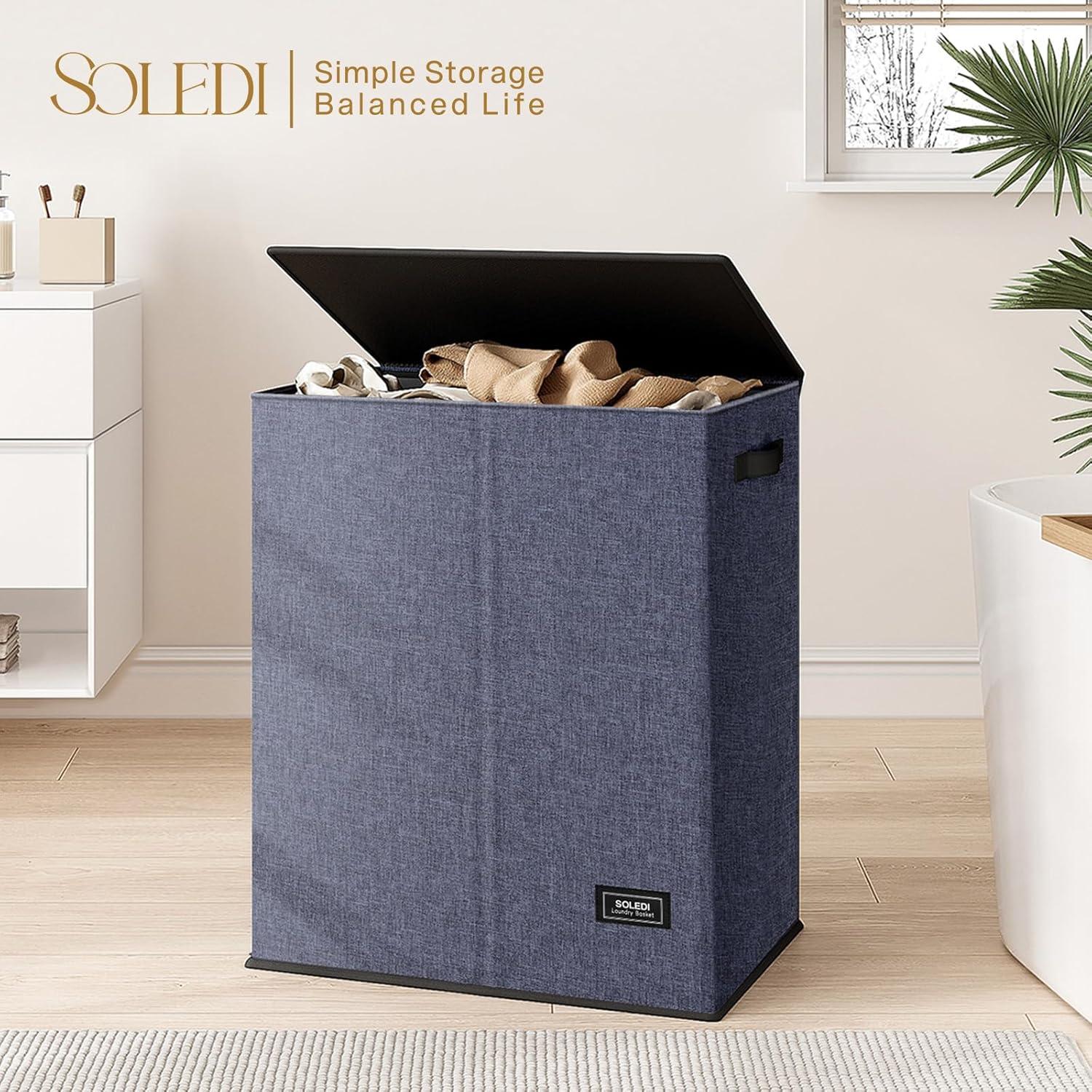imageSOLEDI Double Laundry Hamper with Lid and Removable bag Large Laundry Basket 2 Section with handles Collapsible Dirty Clothes Hampers for Laundry Bedroom Dorm CollegeNavy blue