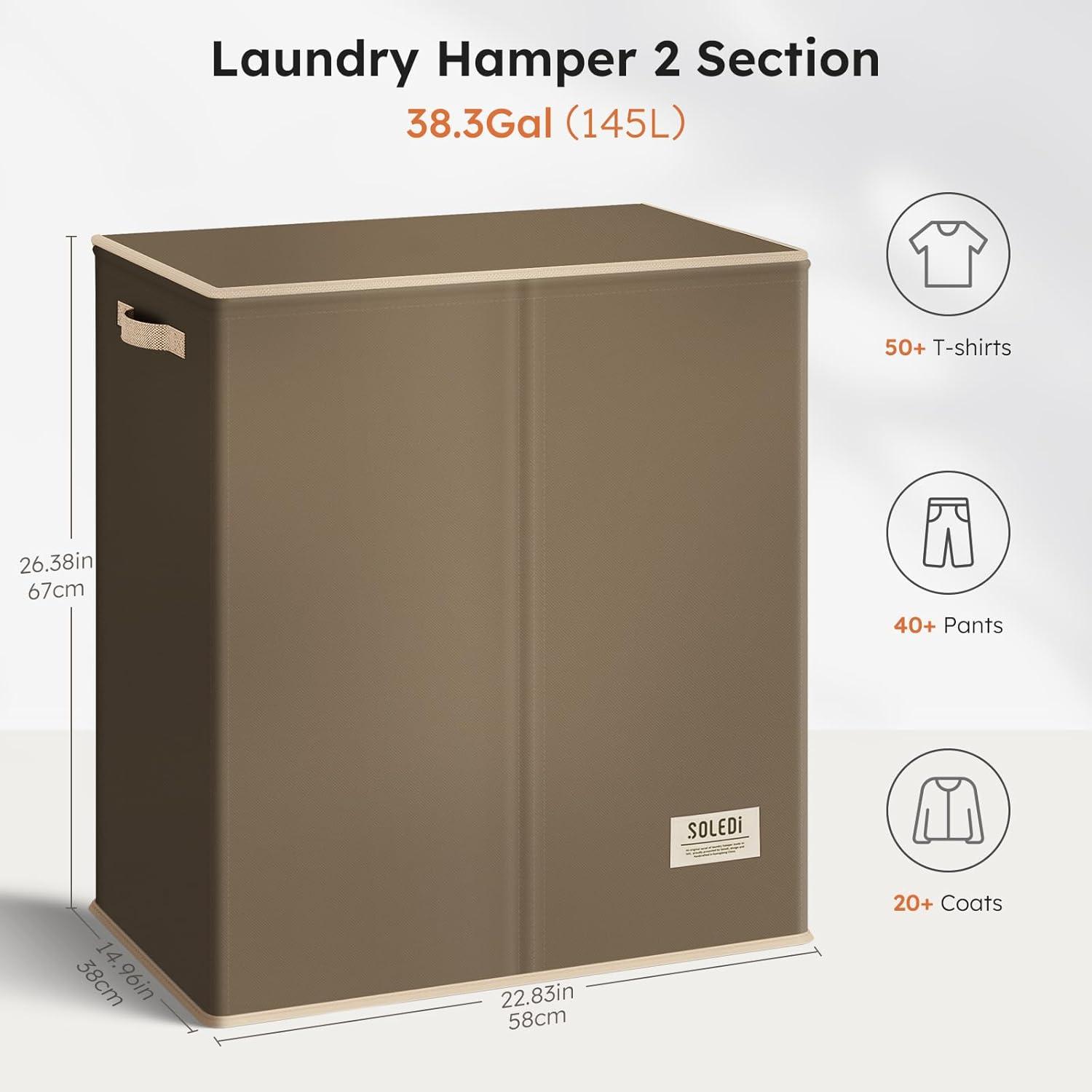 imageSOLEDI Double Laundry Hamper with Lid and Removable bag Large Laundry Basket 2 Section with handles Collapsible Dirty Clothes Hampers for Laundry Bedroom Dorm CollegeChocolate Brown