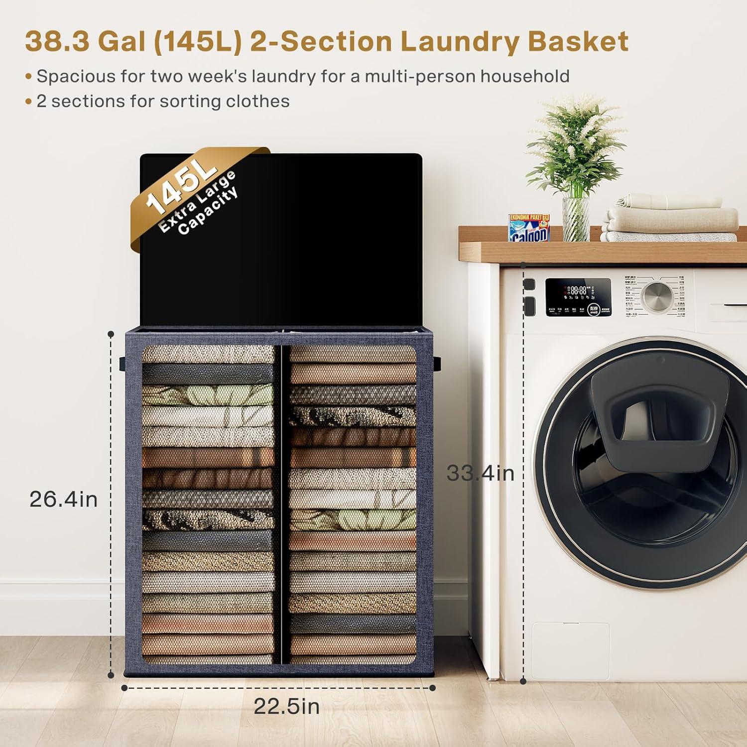 imageSOLEDI Double Laundry Hamper with Lid and Removable bag Large Laundry Basket 2 Section with handles Collapsible Dirty Clothes Hampers for Laundry Bedroom Dorm CollegeNavy blue