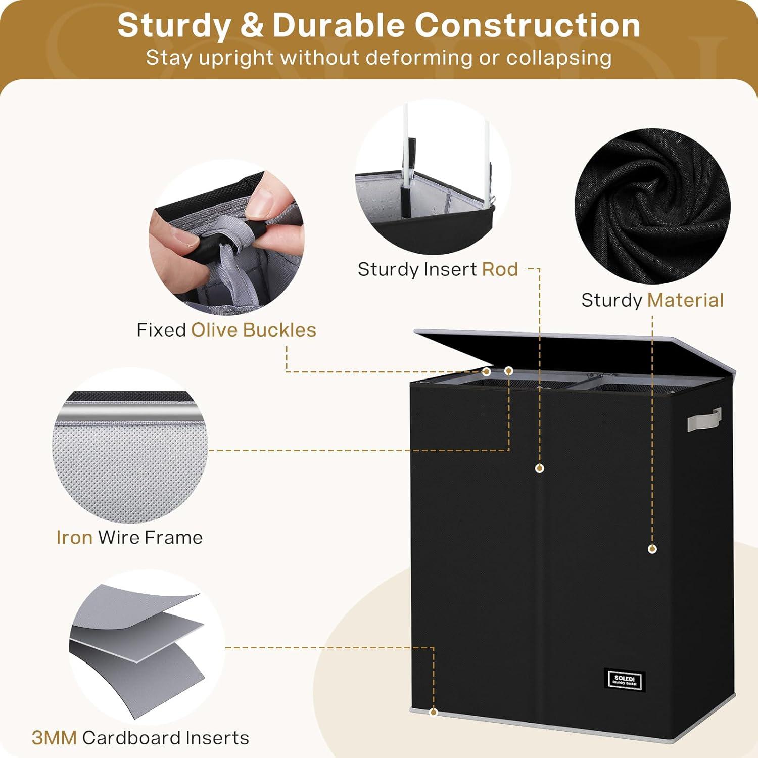 imageSOLEDI Double Laundry Hamper with Lid and Removable bag Large Laundry Basket 2 Section with handles Collapsible Dirty Clothes Hampers for Laundry Bedroom Dorm CollegeBlack