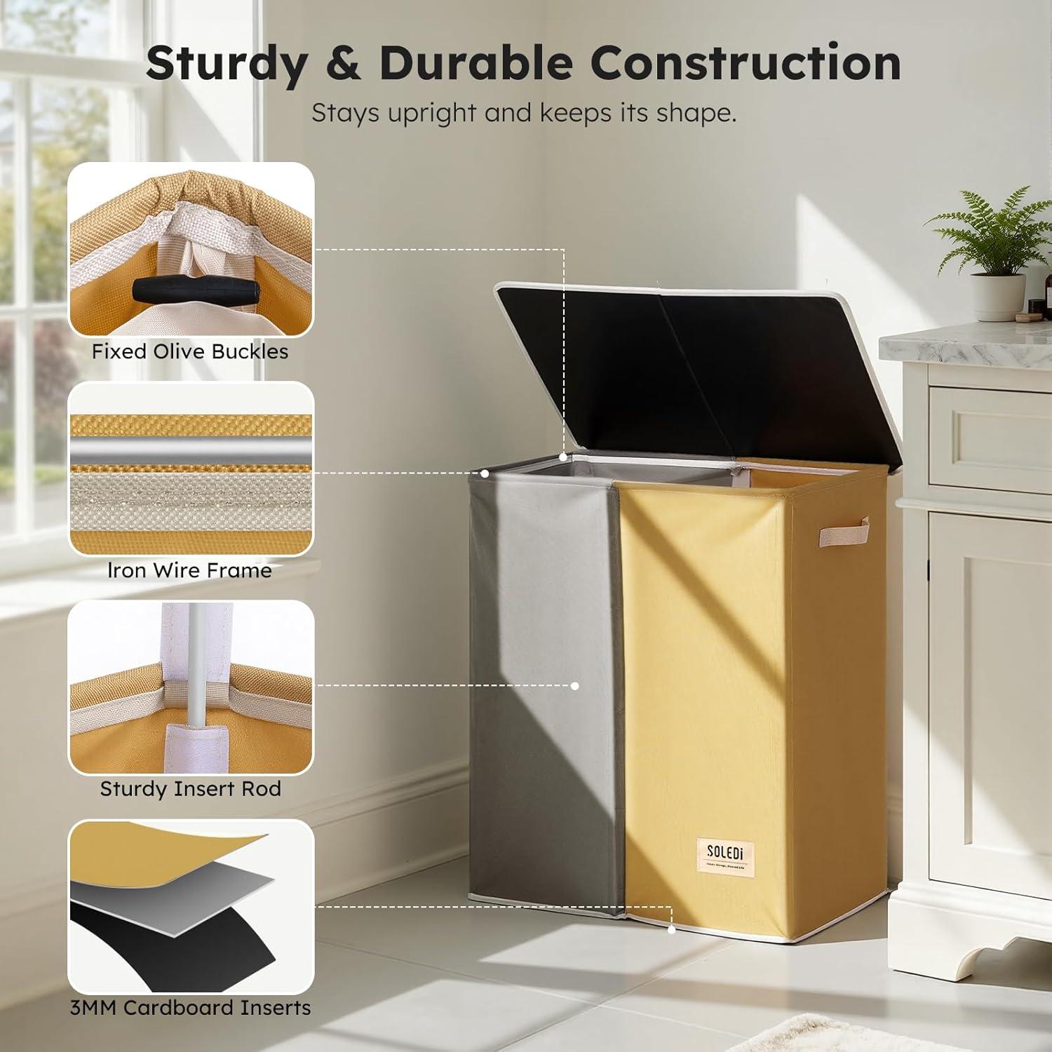 imageSOLEDI Double Laundry Hamper with Lid and Removable bag Large Laundry Basket 2 Section with handles Collapsible Dirty Clothes Hampers for Laundry Bedroom Dorm CollegeMango YellowConcrete Gray