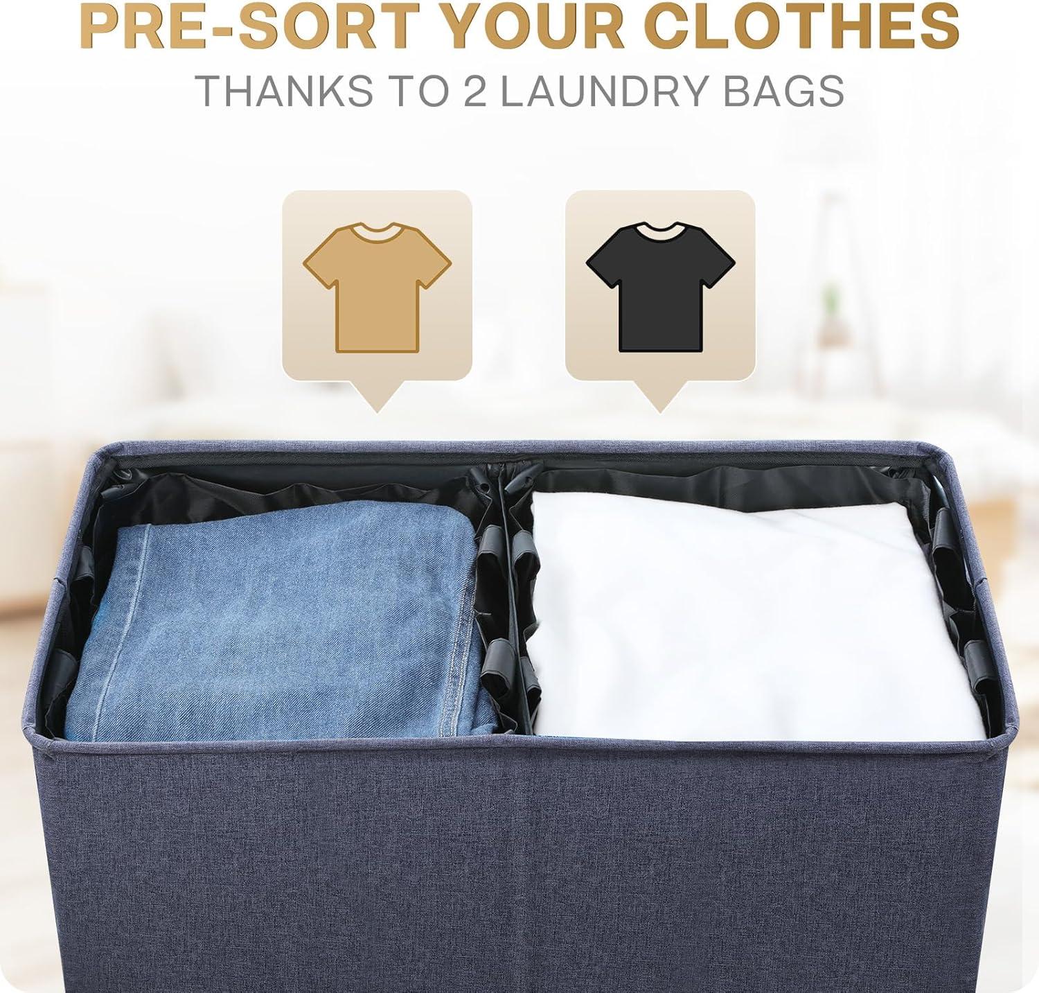 imageSOLEDI Double Laundry Hamper with Lid and Removable bag Large Laundry Basket 2 Section with handles Collapsible Dirty Clothes Hampers for Laundry Bedroom Dorm CollegeNavy blue