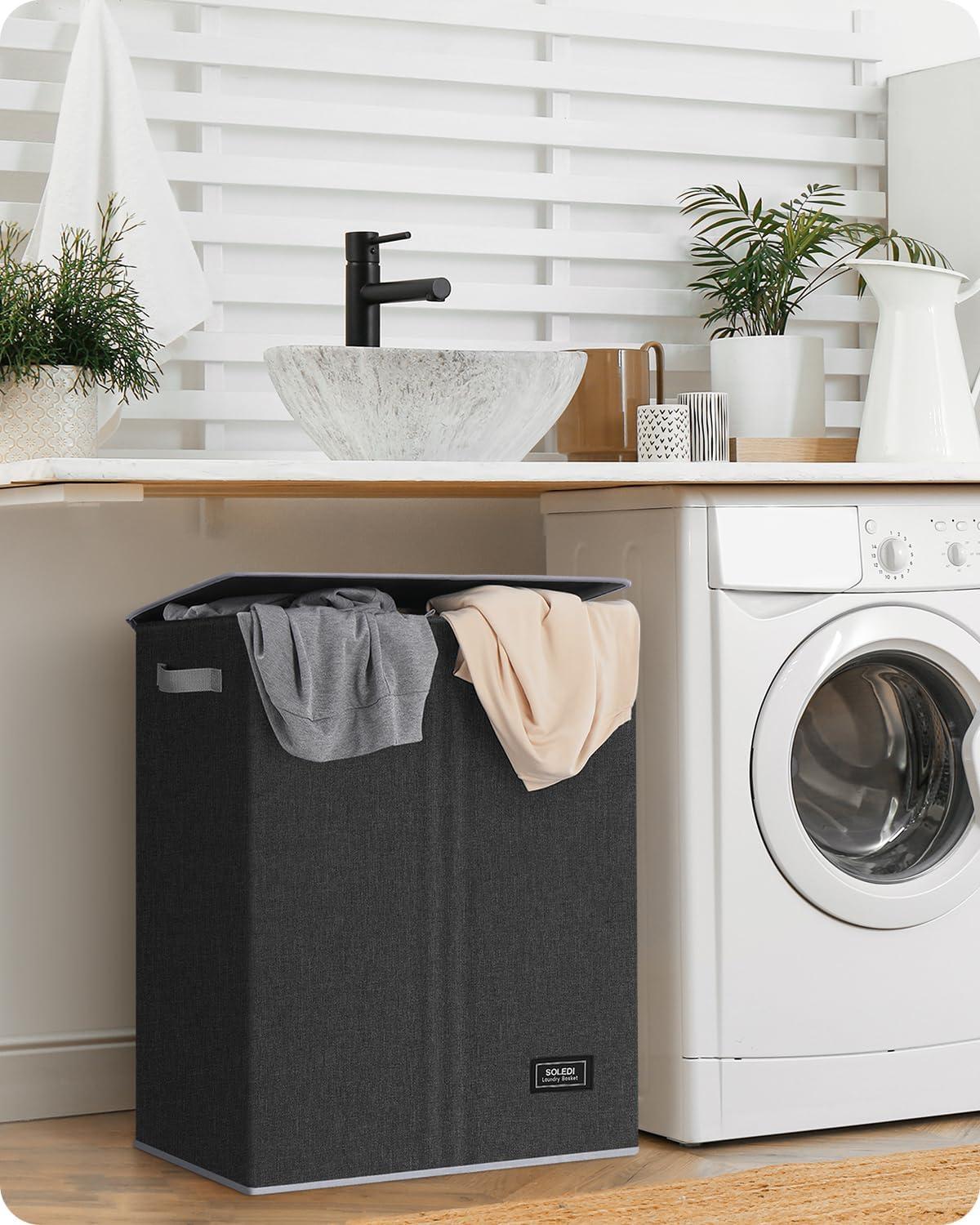 imageSOLEDI Double Laundry Hamper with Lid and Removable bag Large Laundry Basket 2 Section with handles Collapsible Dirty Clothes Hampers for Laundry Bedroom Dorm CollegeDark Grey
