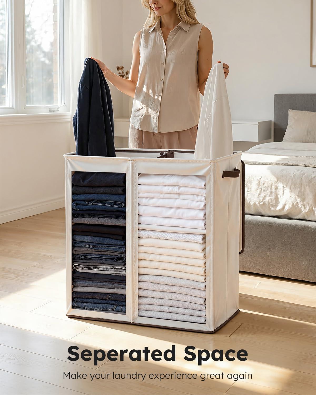 imageSOLEDI Double Laundry Hamper with Lid and Removable bag Large Laundry Basket 2 Section with handles Collapsible Dirty Clothes Hampers for Laundry Bedroom Dorm CollegeOff White