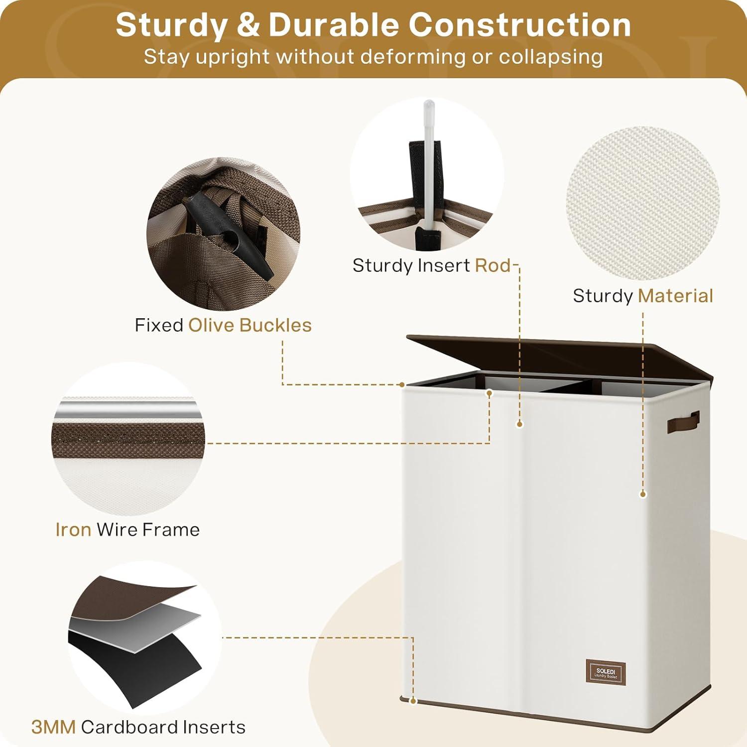 imageSOLEDI Double Laundry Hamper with Lid and Removable bag Large Laundry Basket 2 Section with handles Collapsible Dirty Clothes Hampers for Laundry Bedroom Dorm CollegeOff White